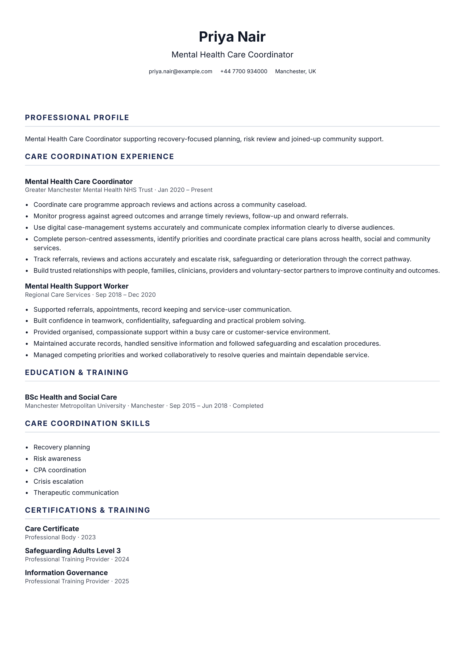 Mental Health Care Coordinator CV template