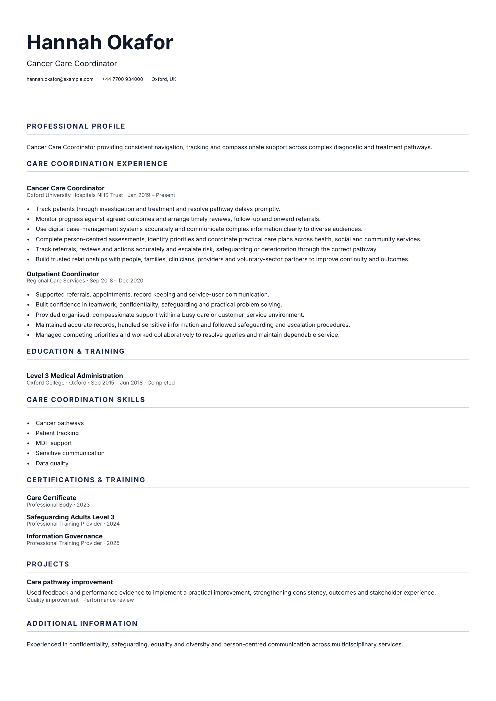 Cancer Care Coordinator CV template