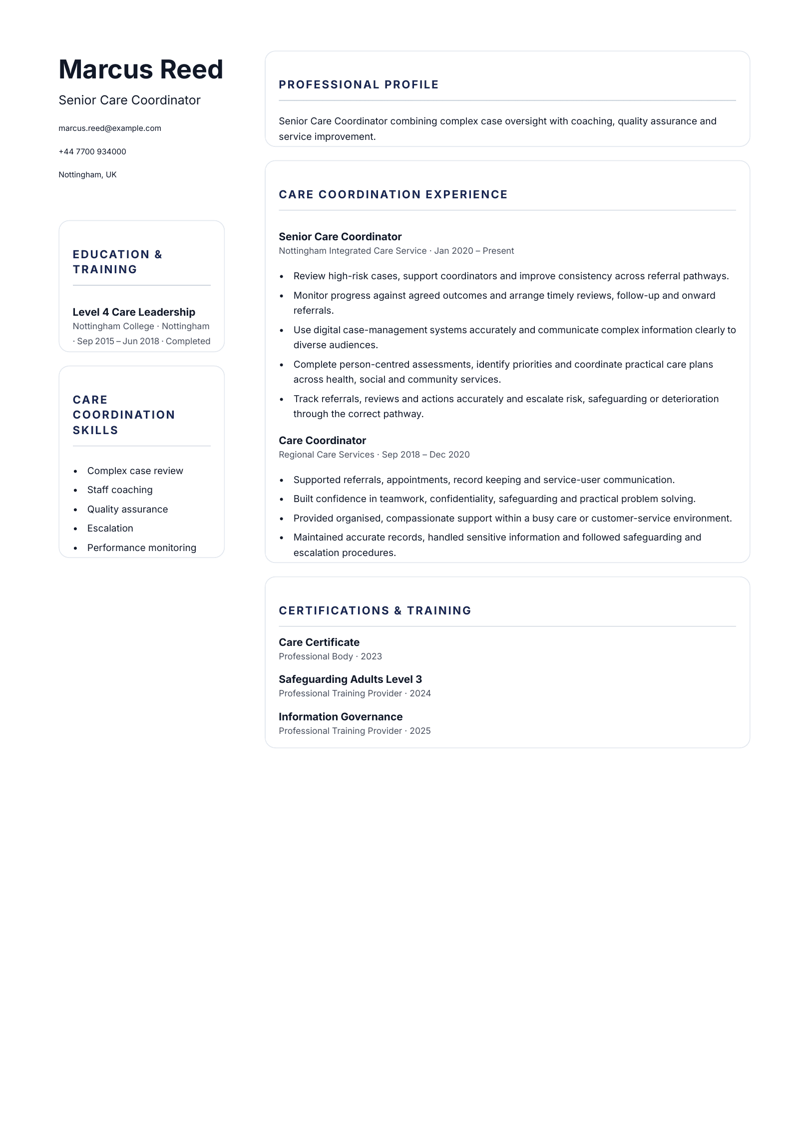 Senior Care Coordinator CV template
