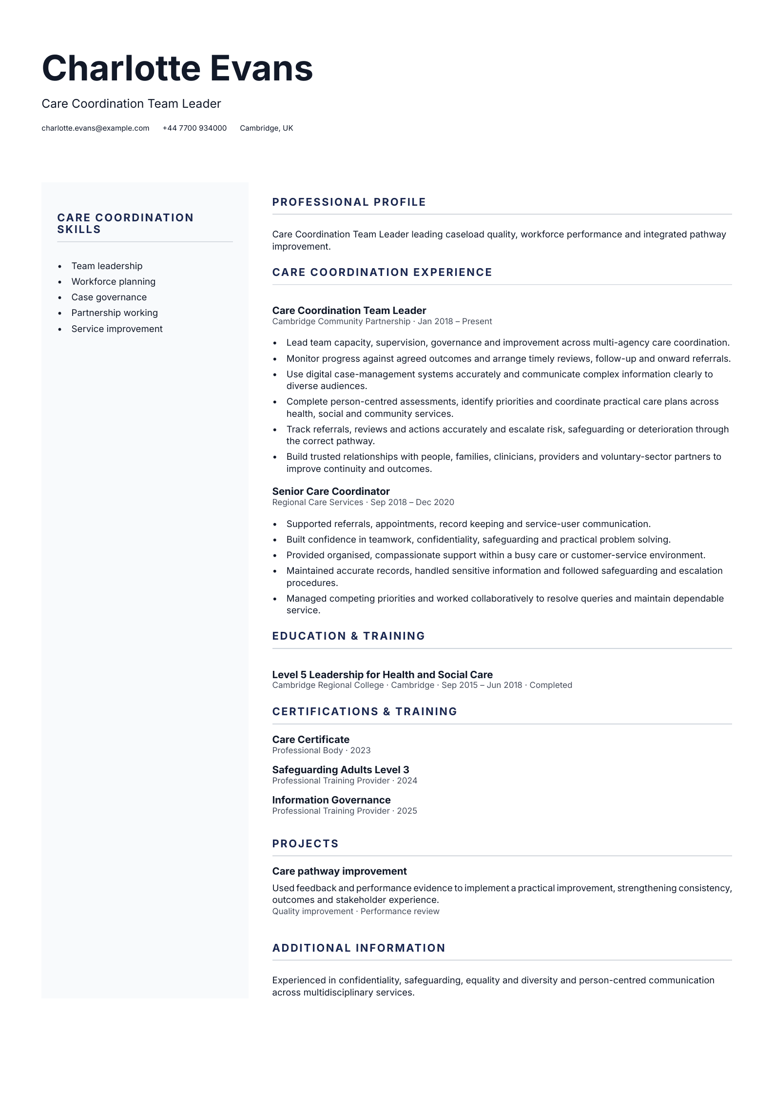 Care Coordination Team Leader CV template