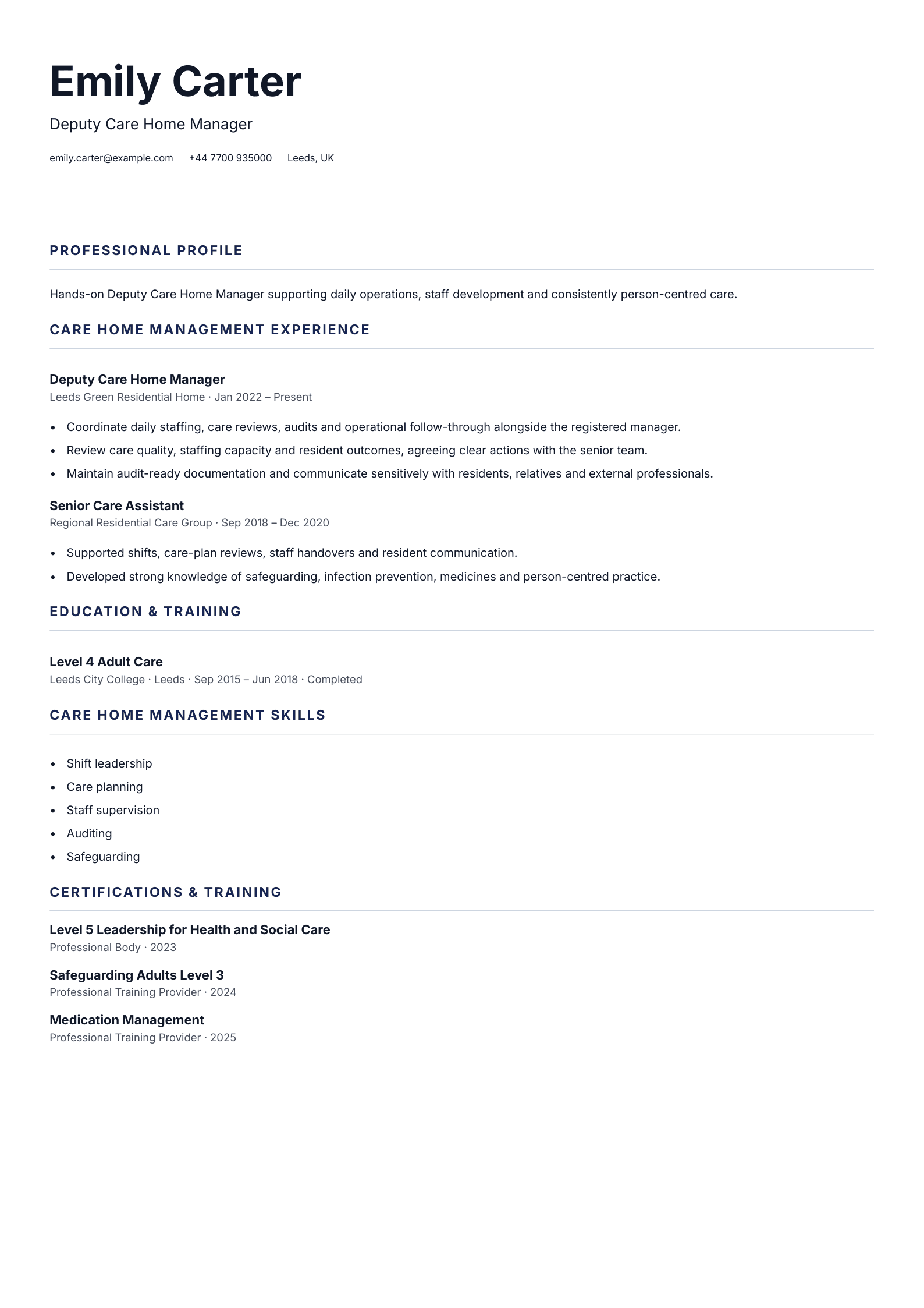 Deputy Care Home Manager CV template