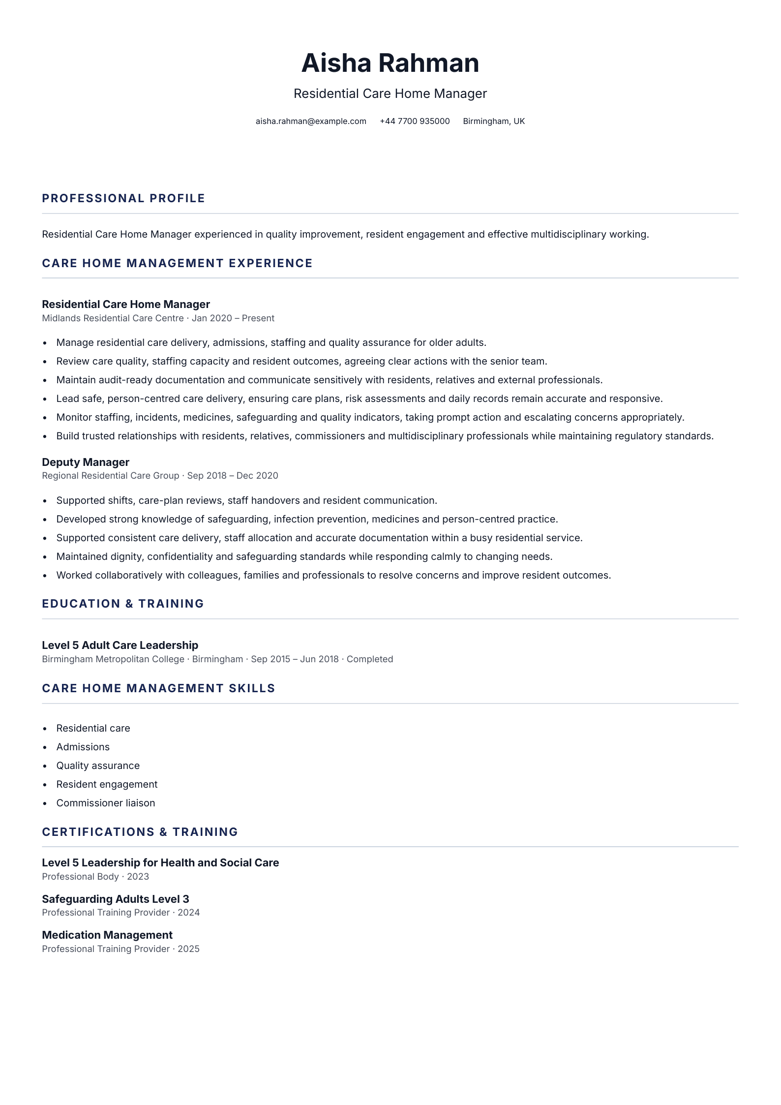 Residential Care Home Manager CV template