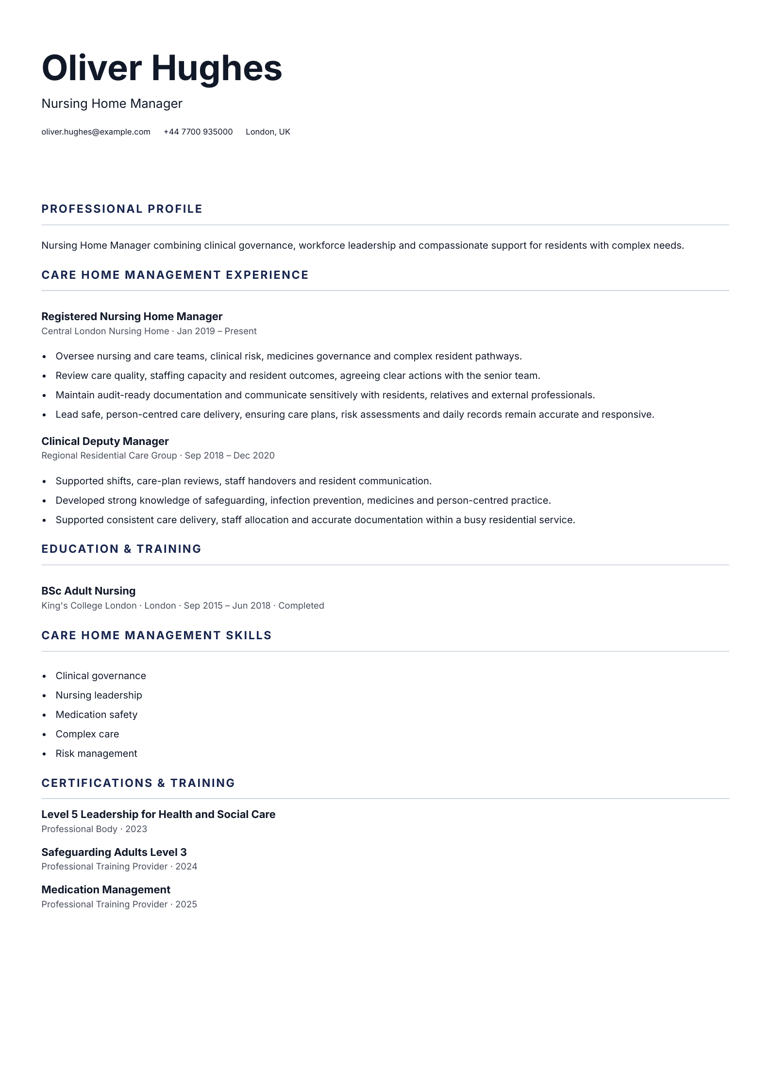 Nursing Home Manager CV template