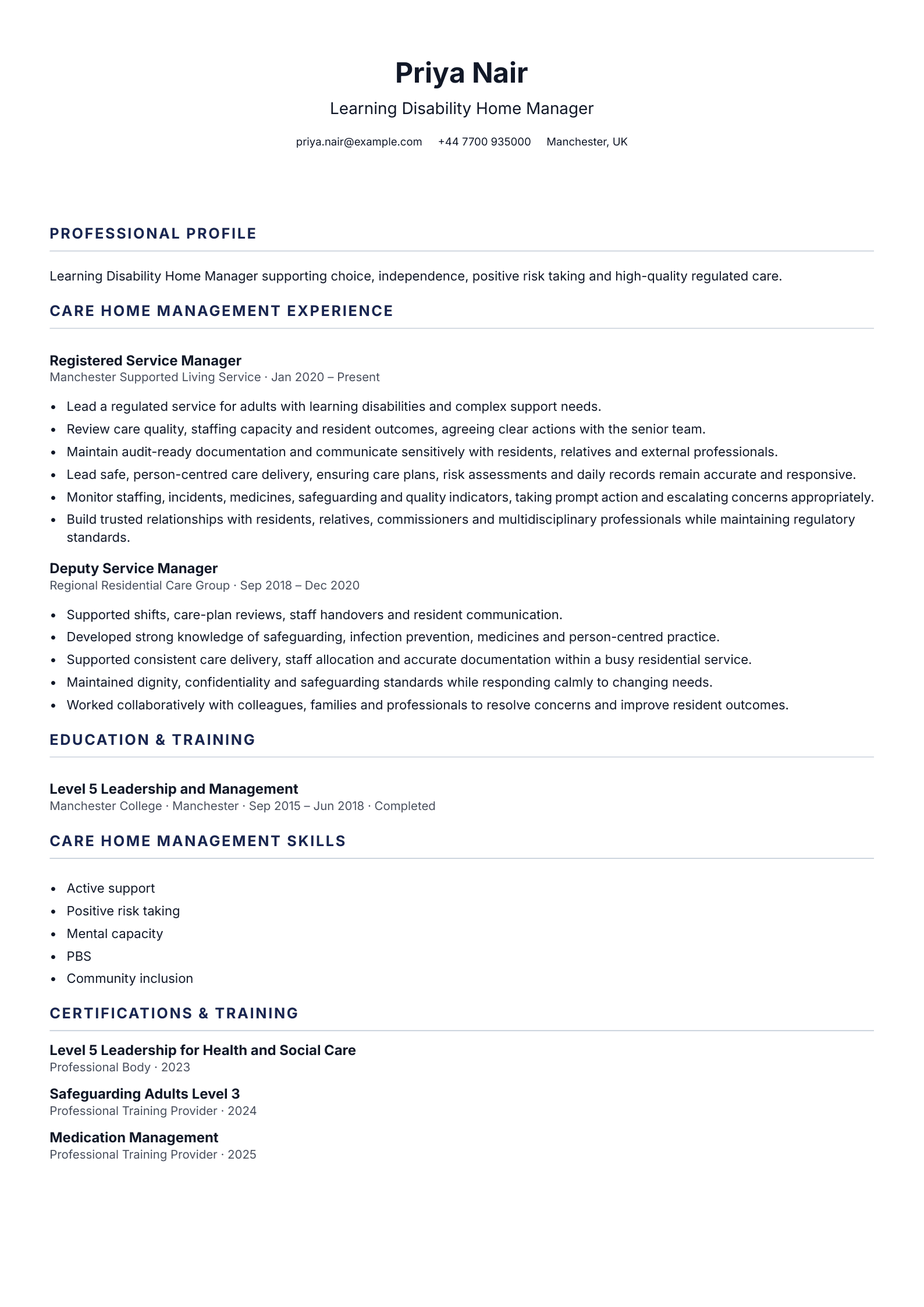 Learning Disability Home Manager CV template