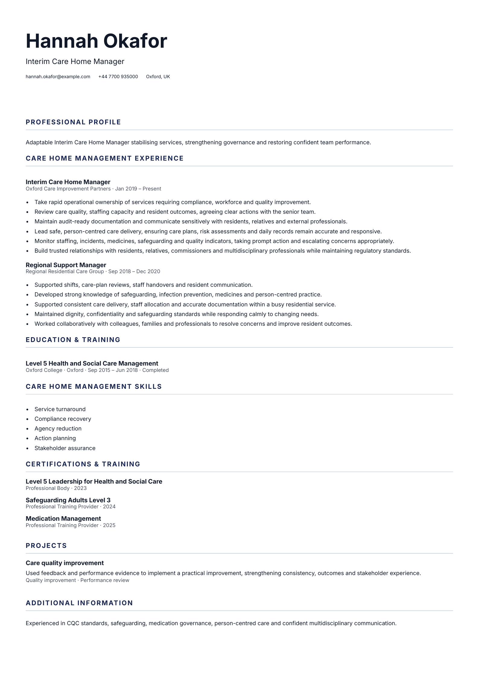 Interim Care Home Manager CV template