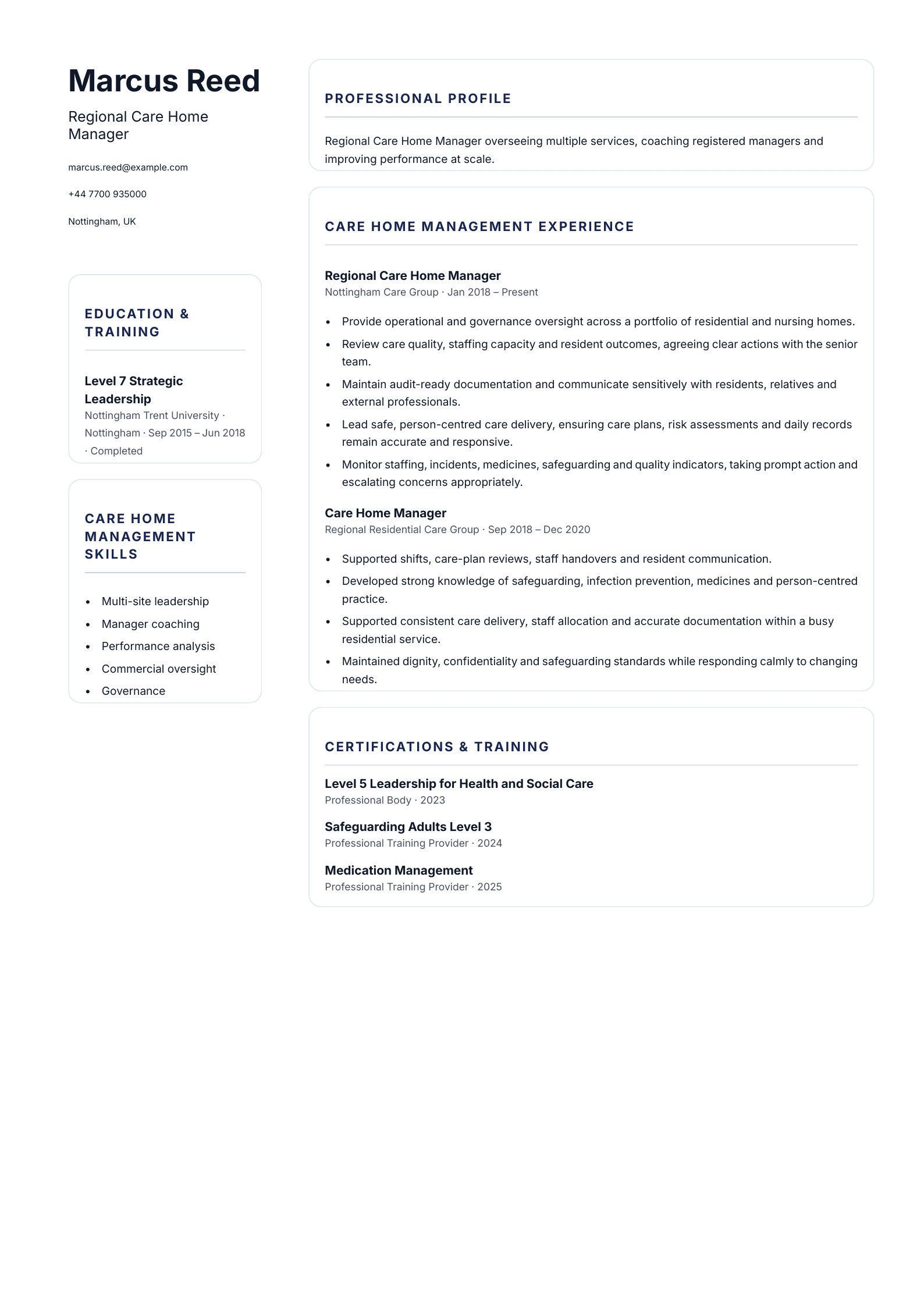 Regional Care Home Manager CV template
