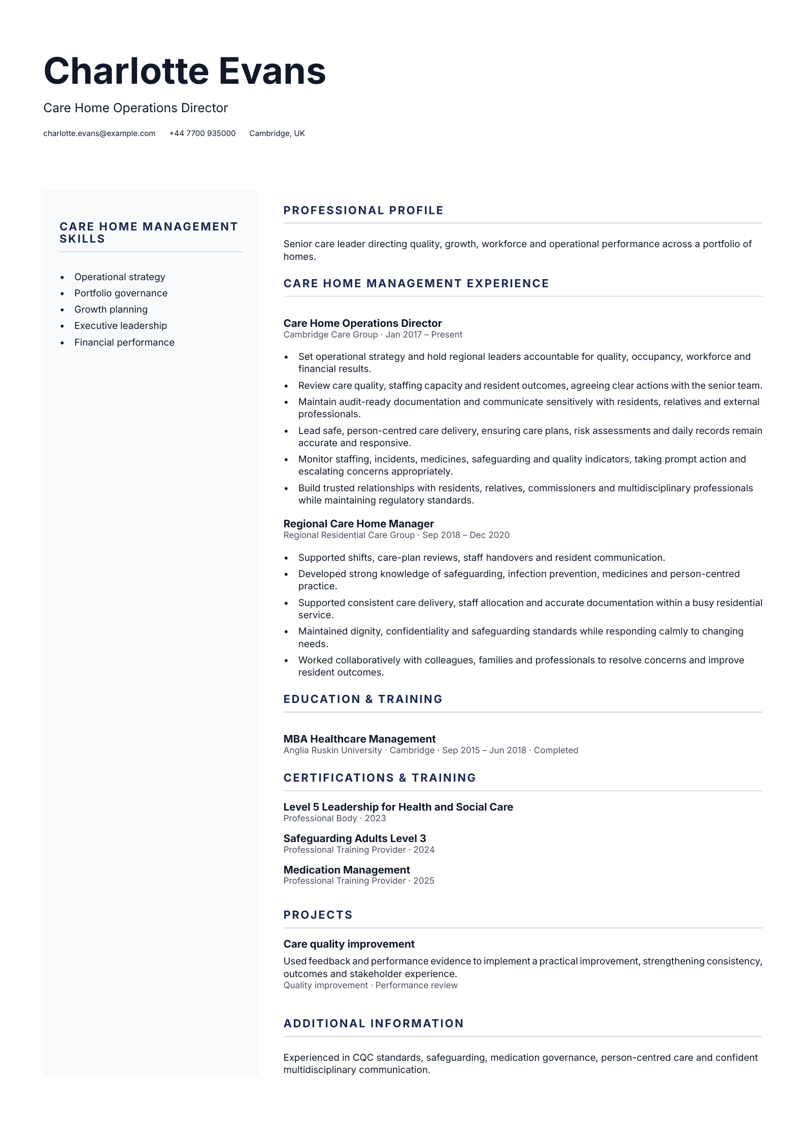 Care Home Operations Director CV template