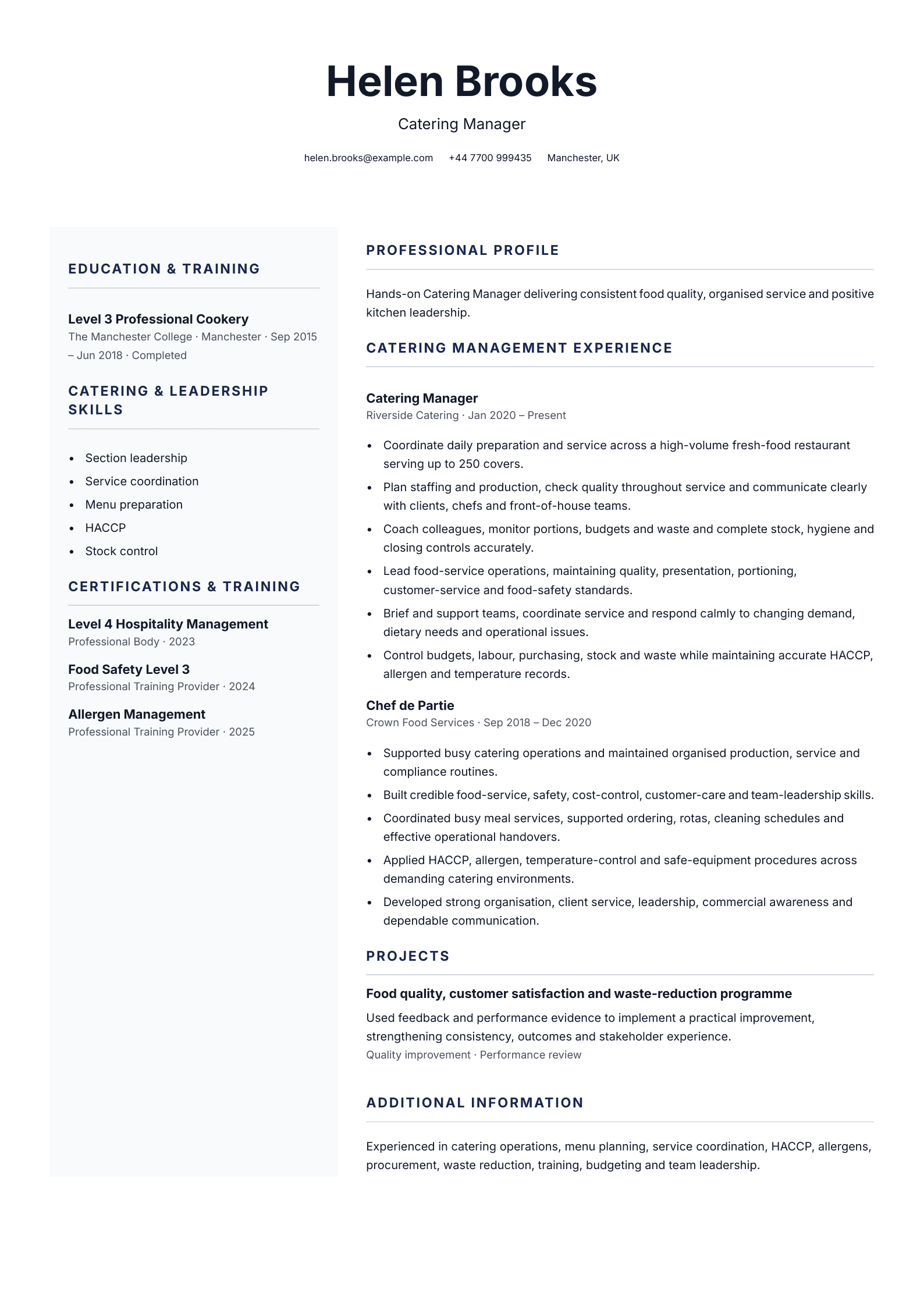 Catering manager CV