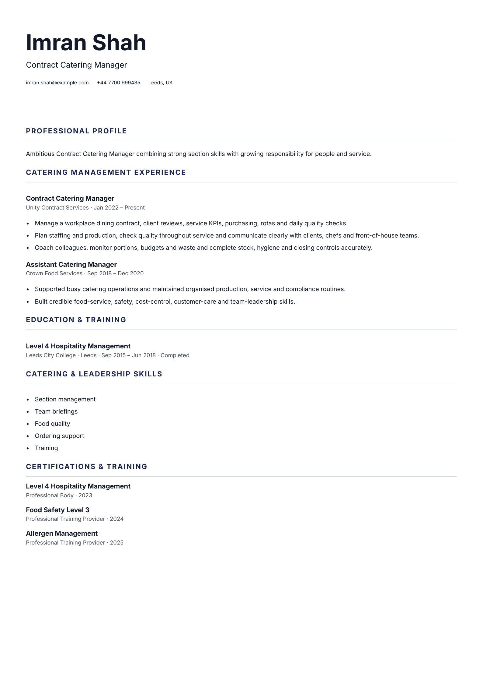 Contract Catering Manager CV template