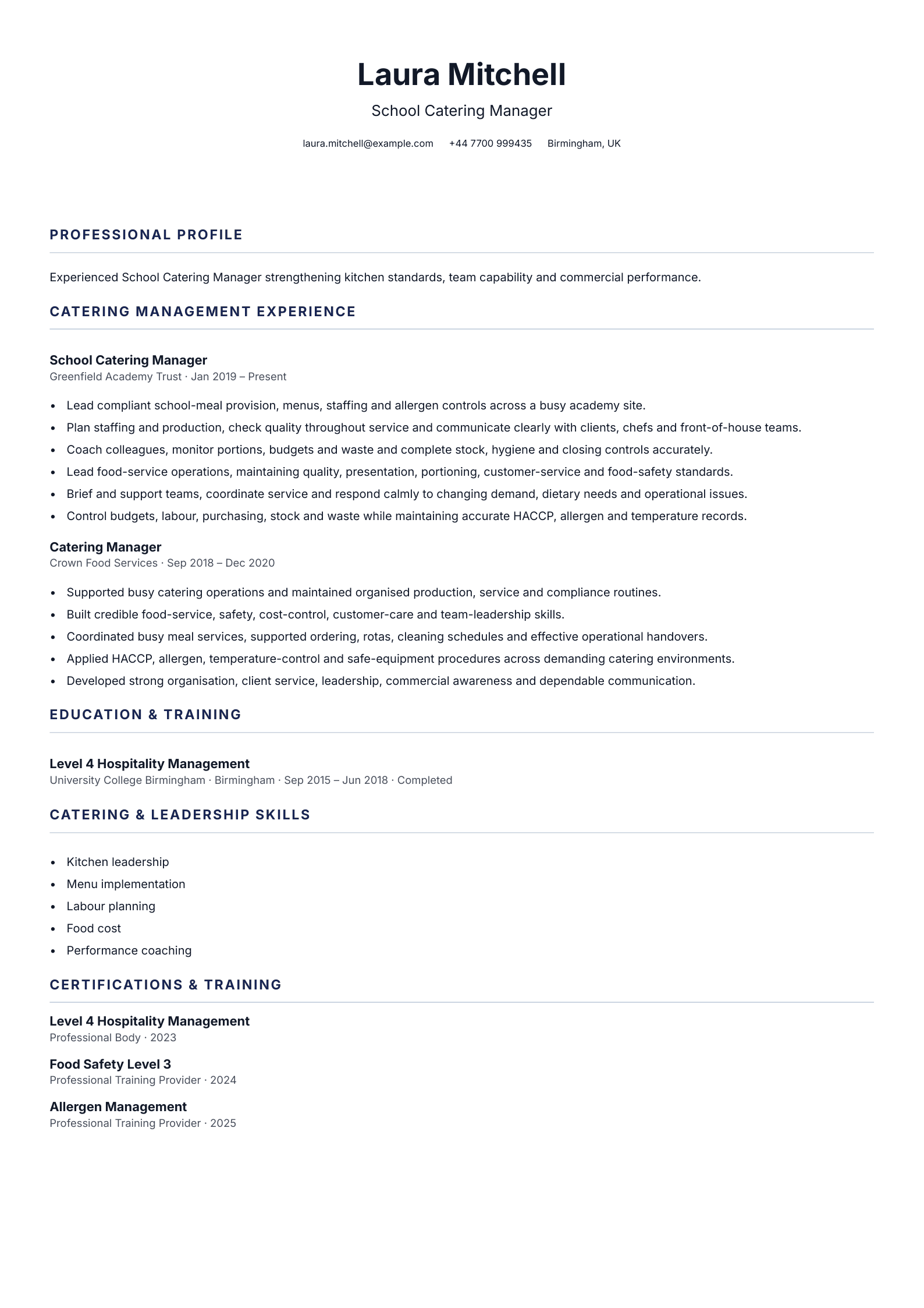 School Catering Manager CV template