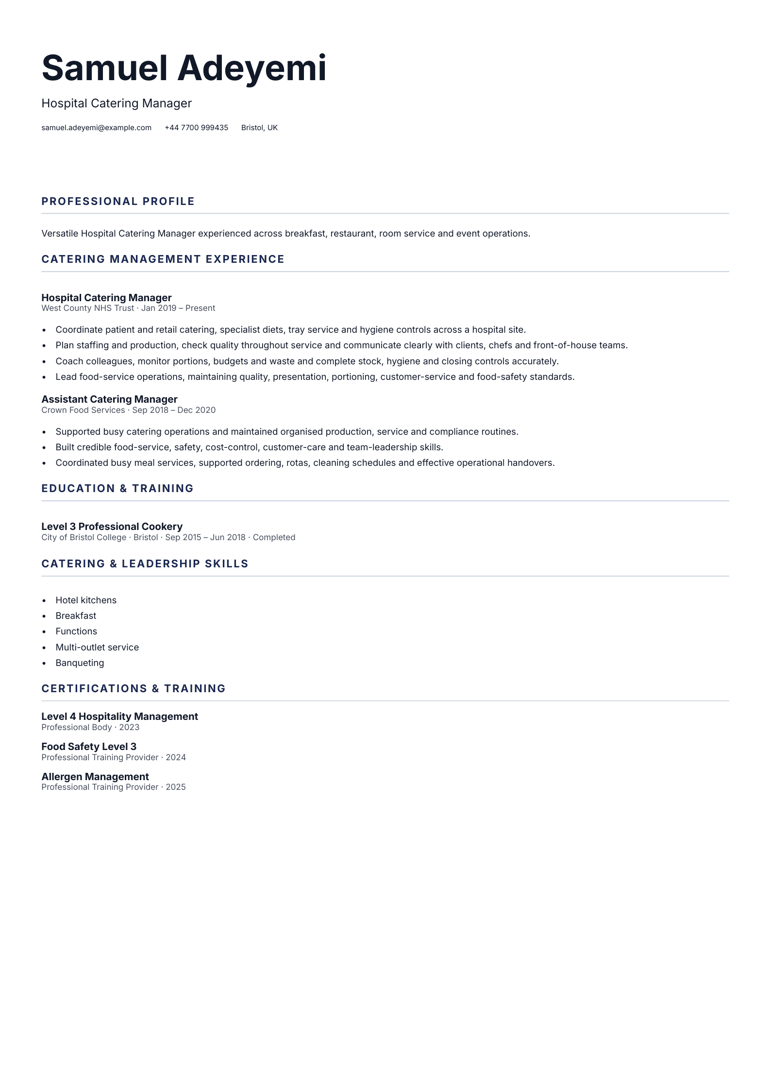Hospital Catering Manager CV template
