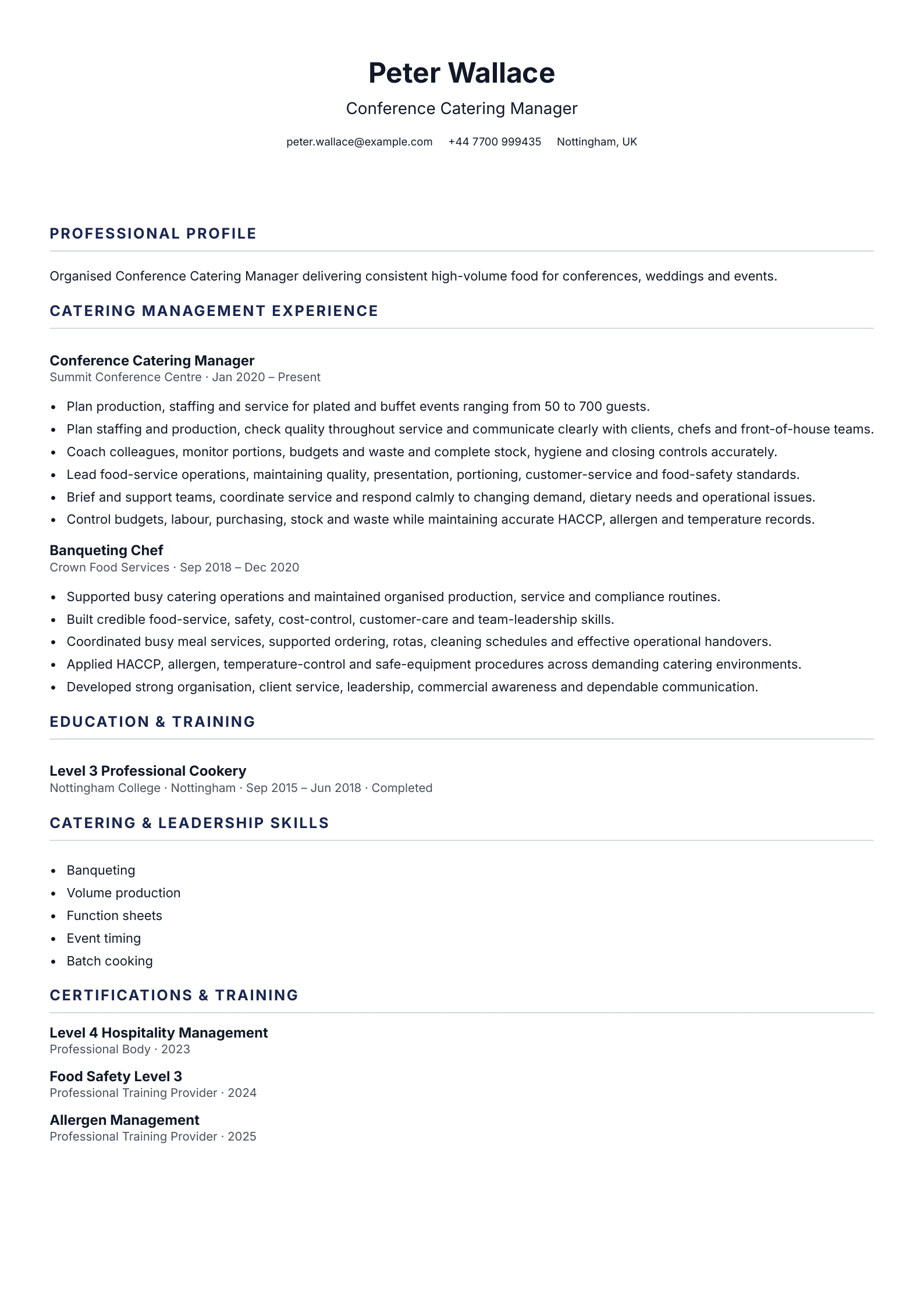 Conference Catering Manager CV template