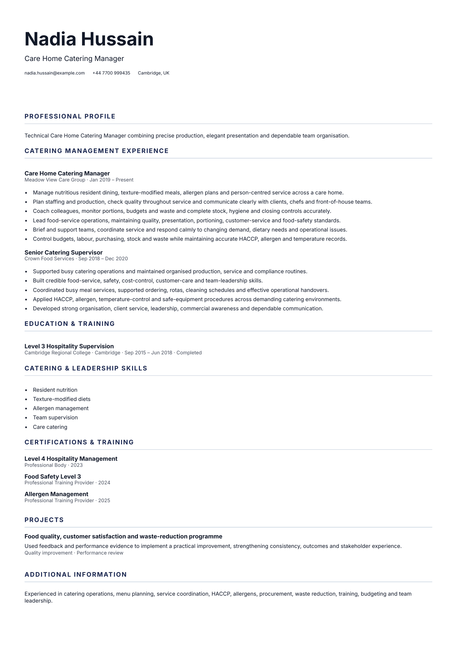 Care Home Catering Manager CV template