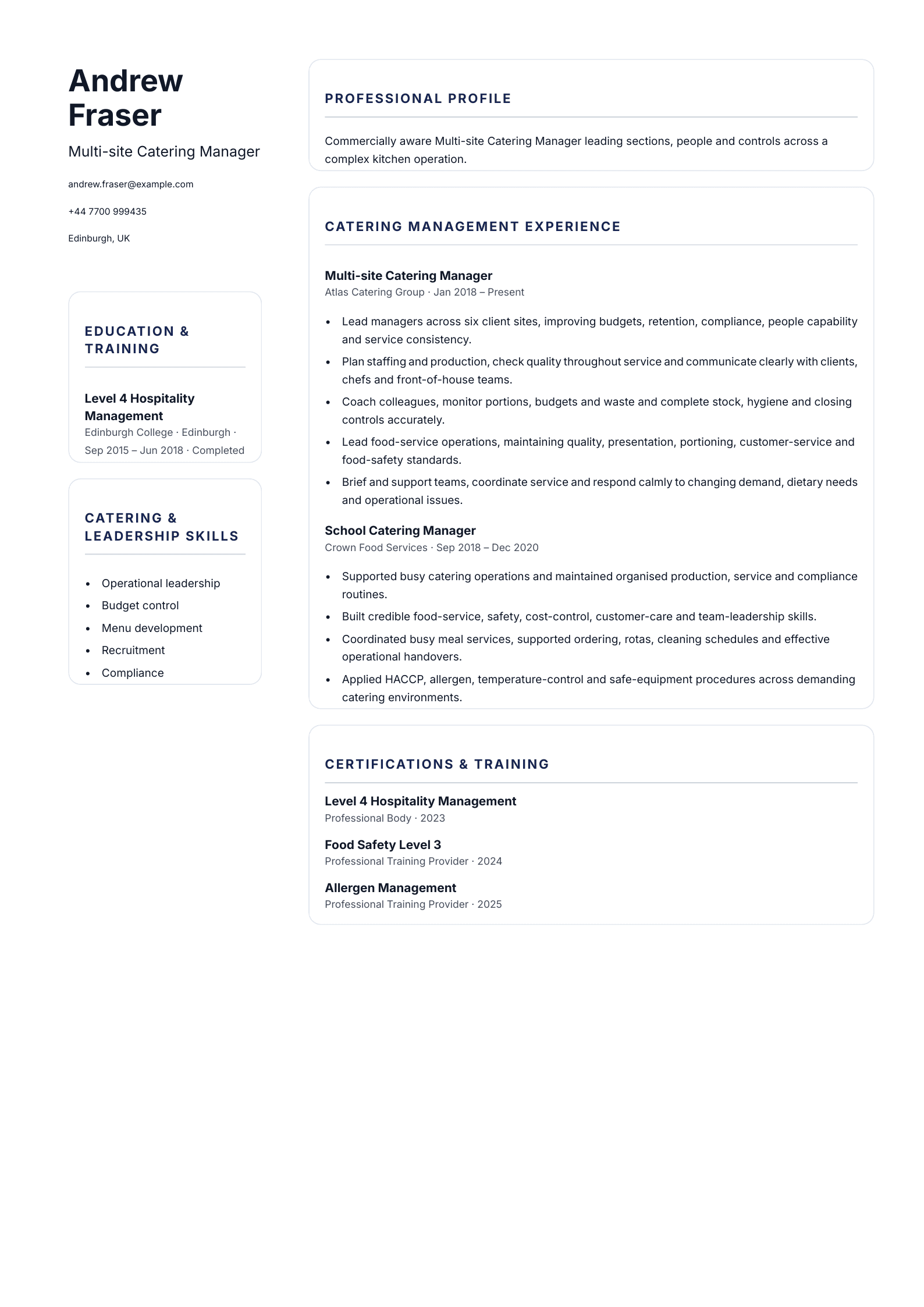 Multi-site Catering Manager CV template