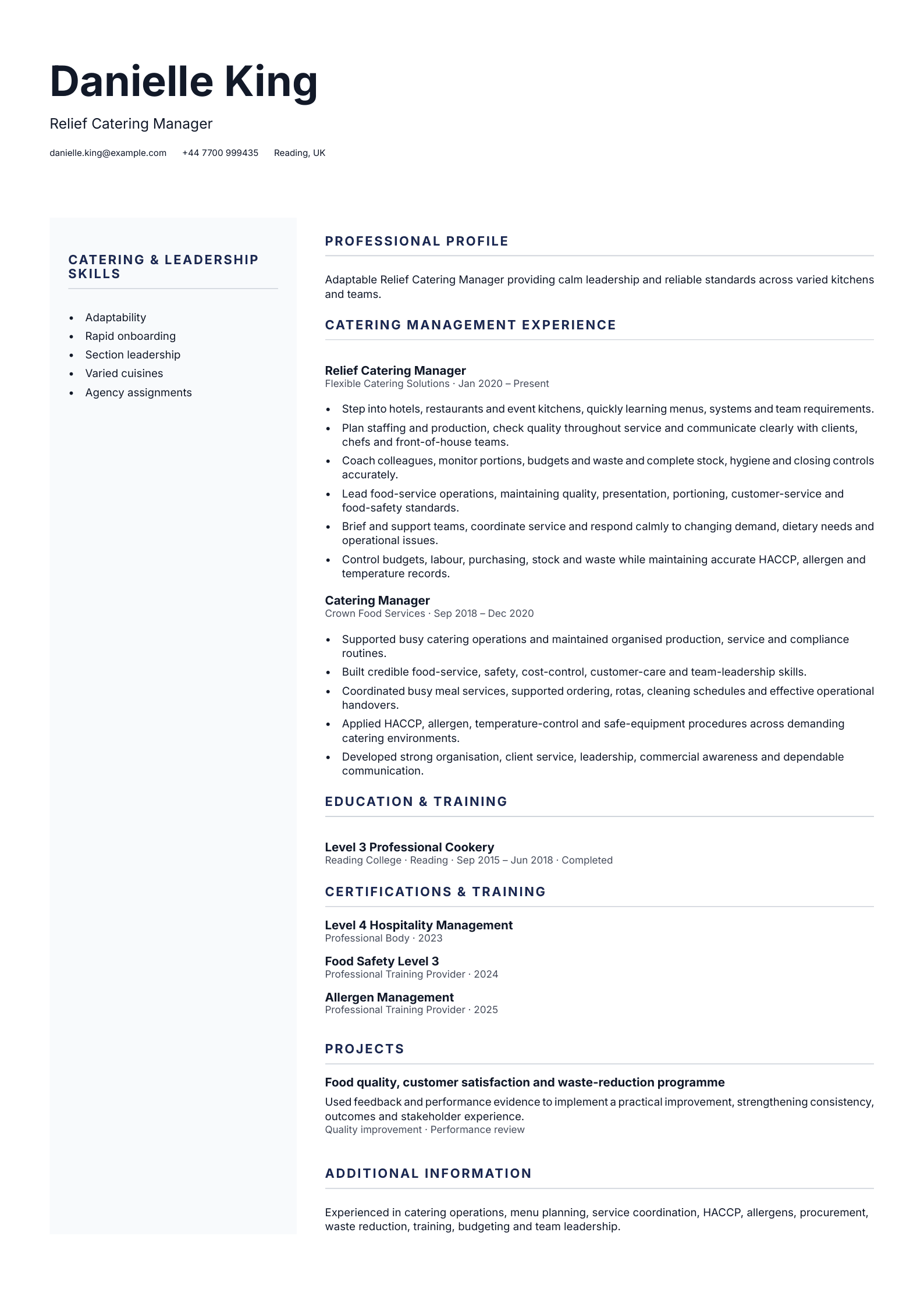 Relief Catering Manager CV template