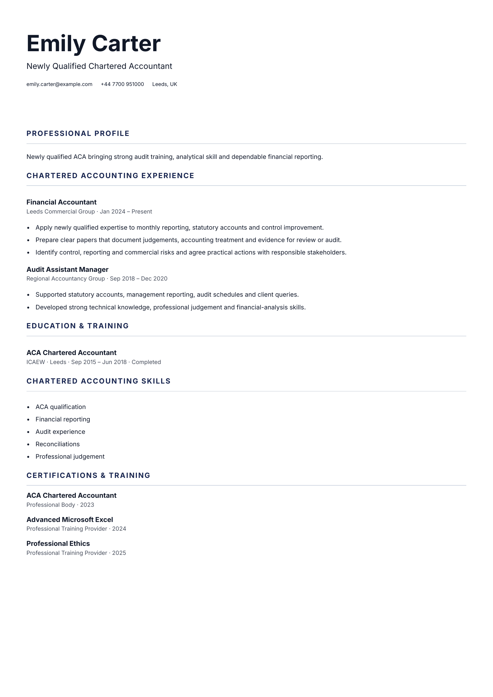 Newly Qualified Chartered Accountant CV template