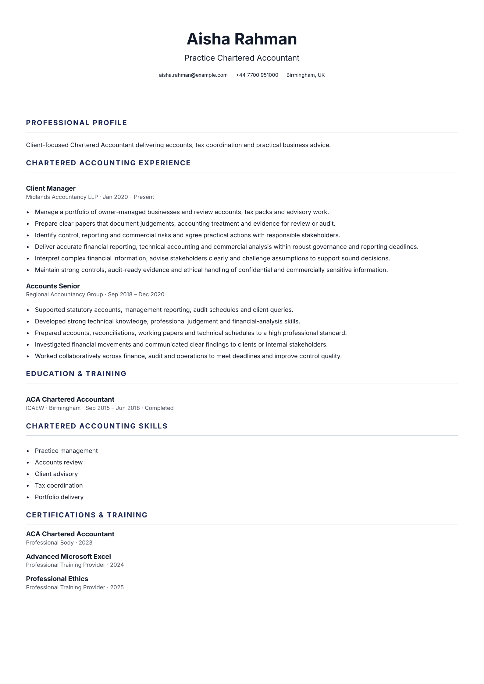 Practice Chartered Accountant CV template
