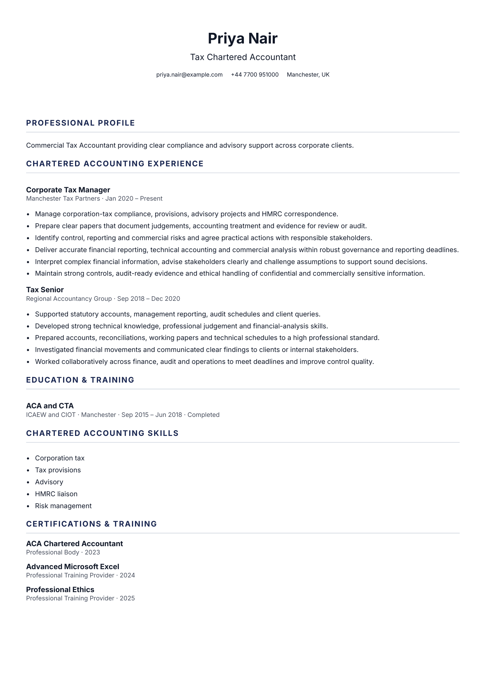 Tax Chartered Accountant CV template