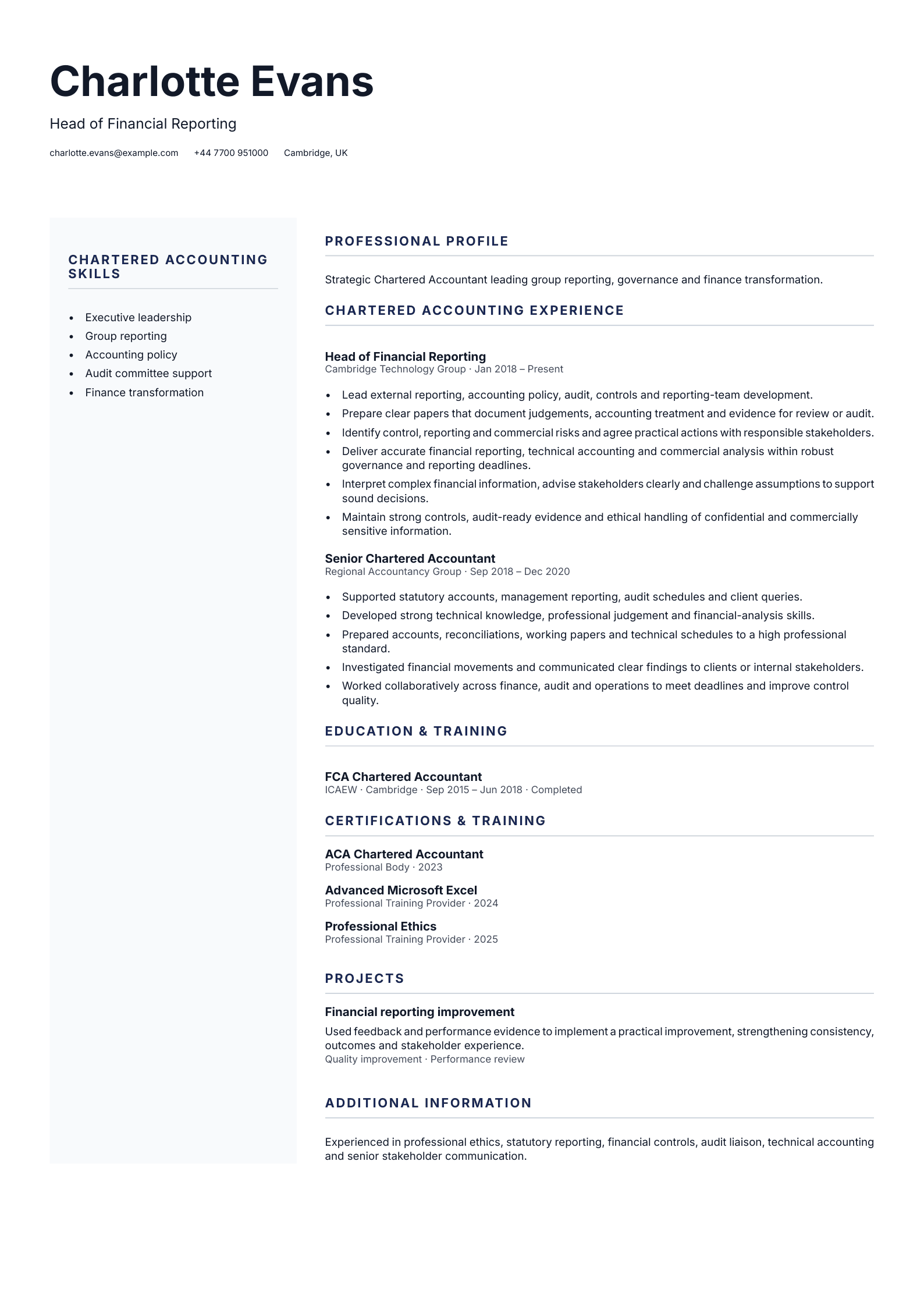 Head of Financial Reporting CV template