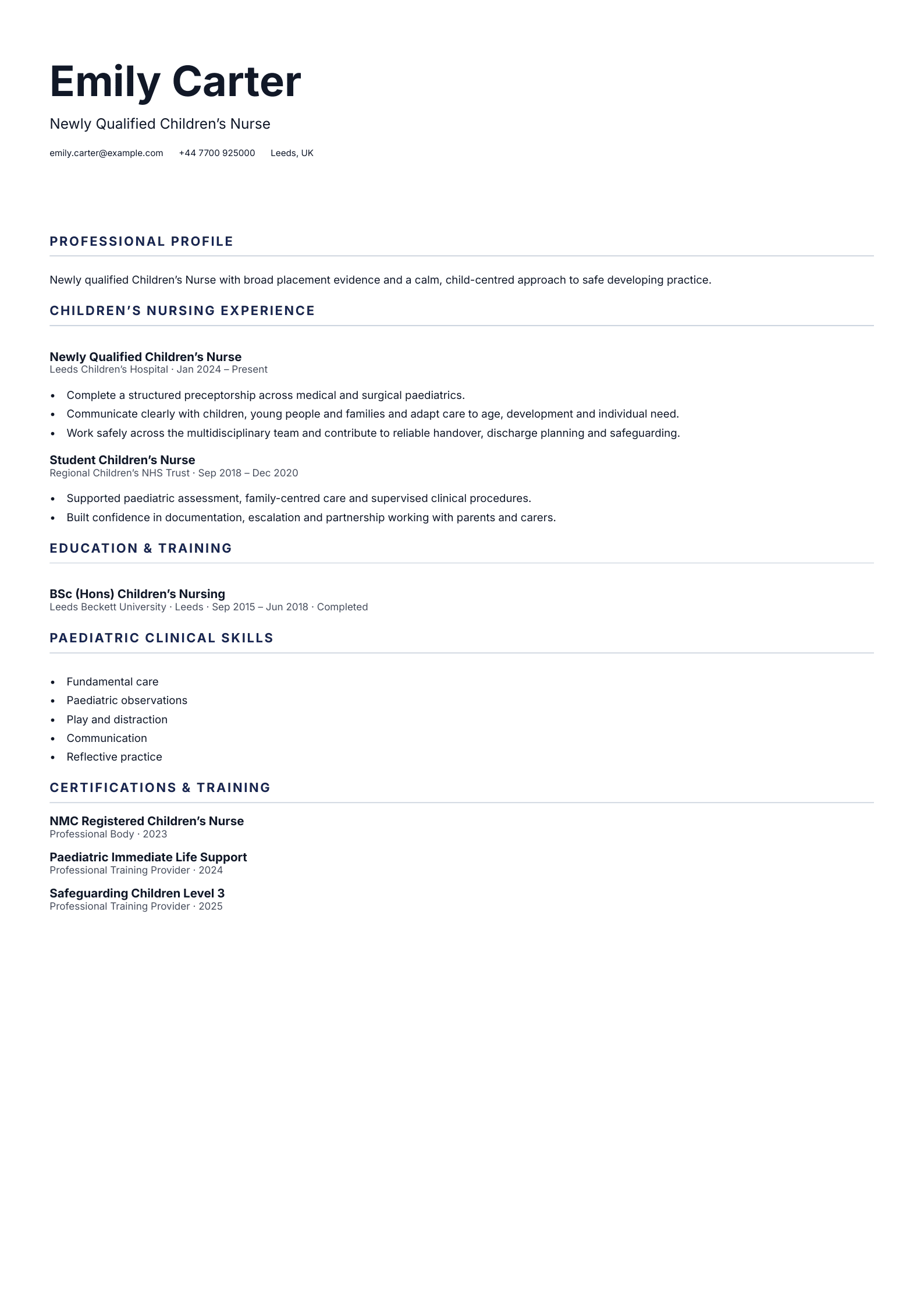 Newly Qualified Children’s Nurse CV template