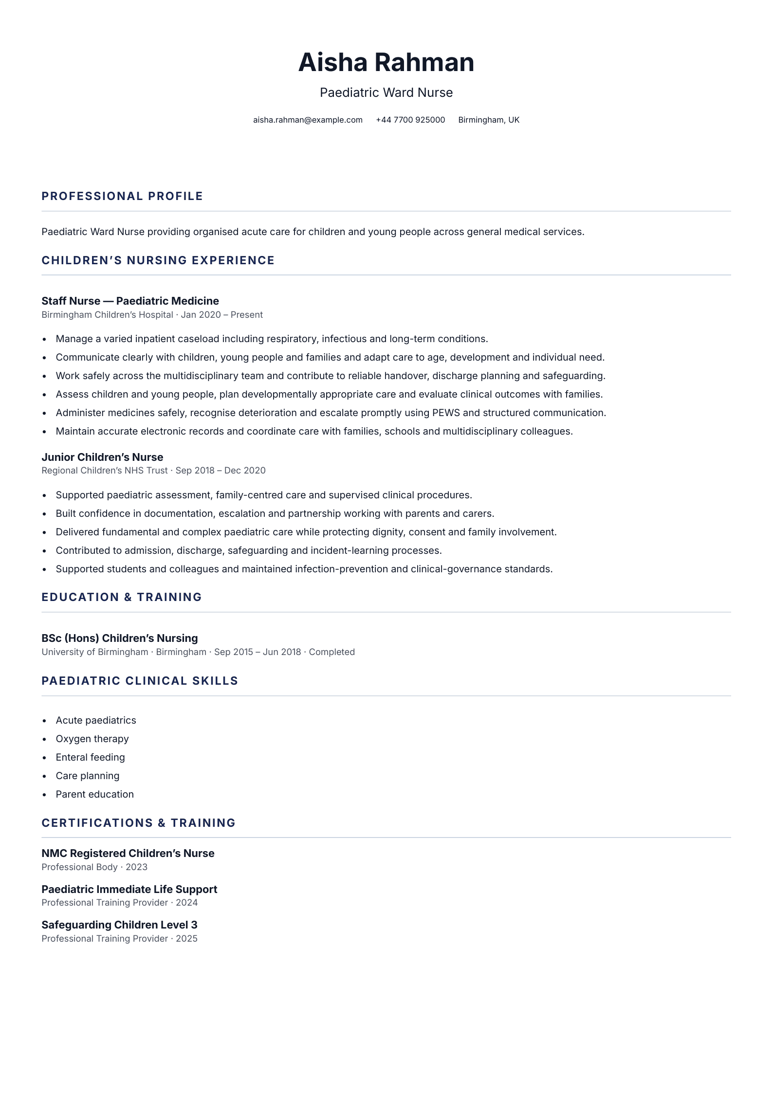 Paediatric Ward Nurse CV template