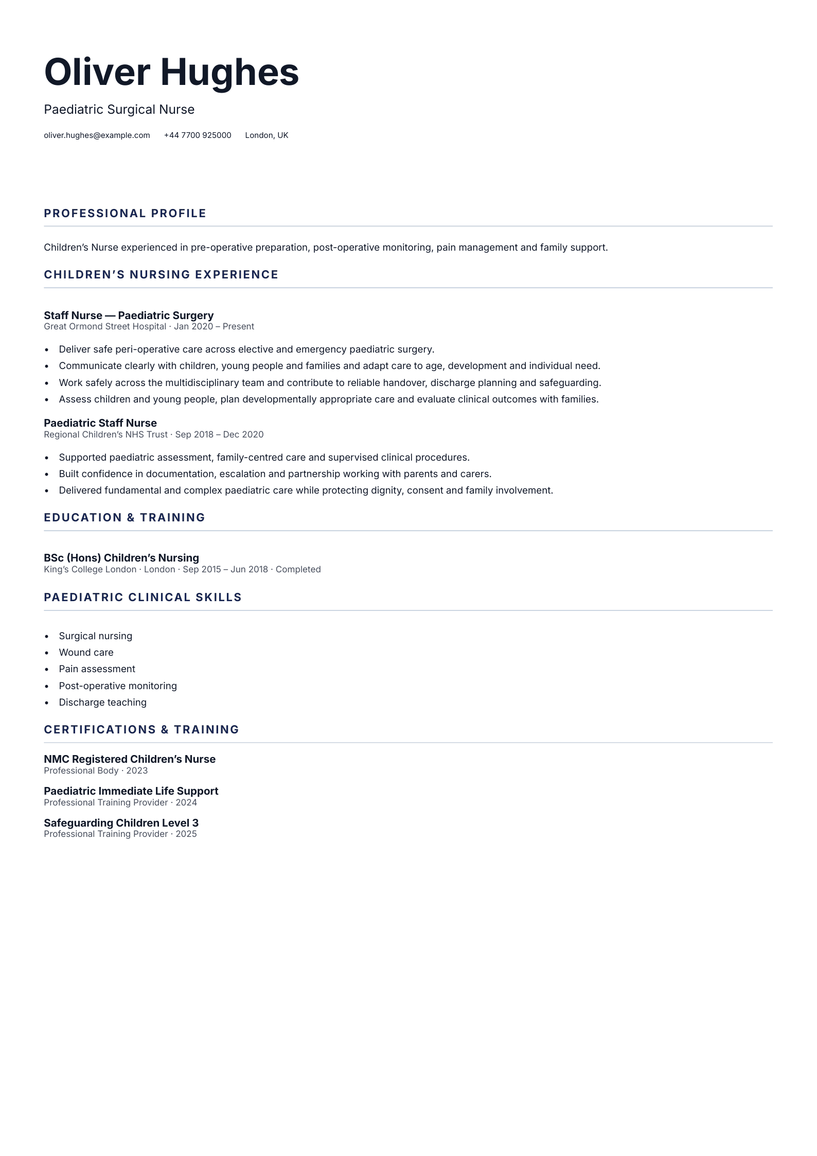Paediatric Surgical Nurse CV template