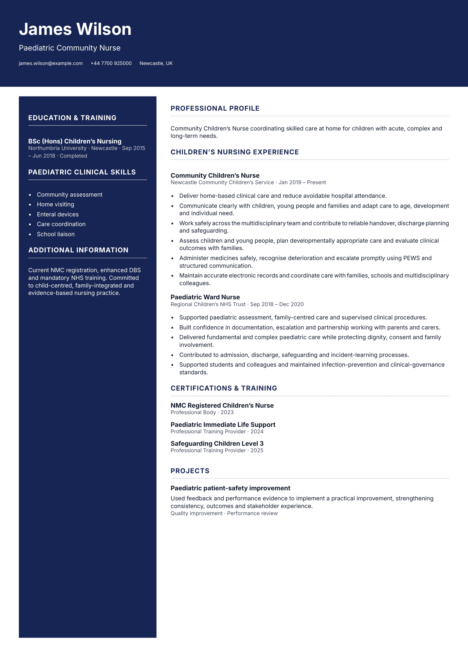 Paediatric Community Nurse CV template