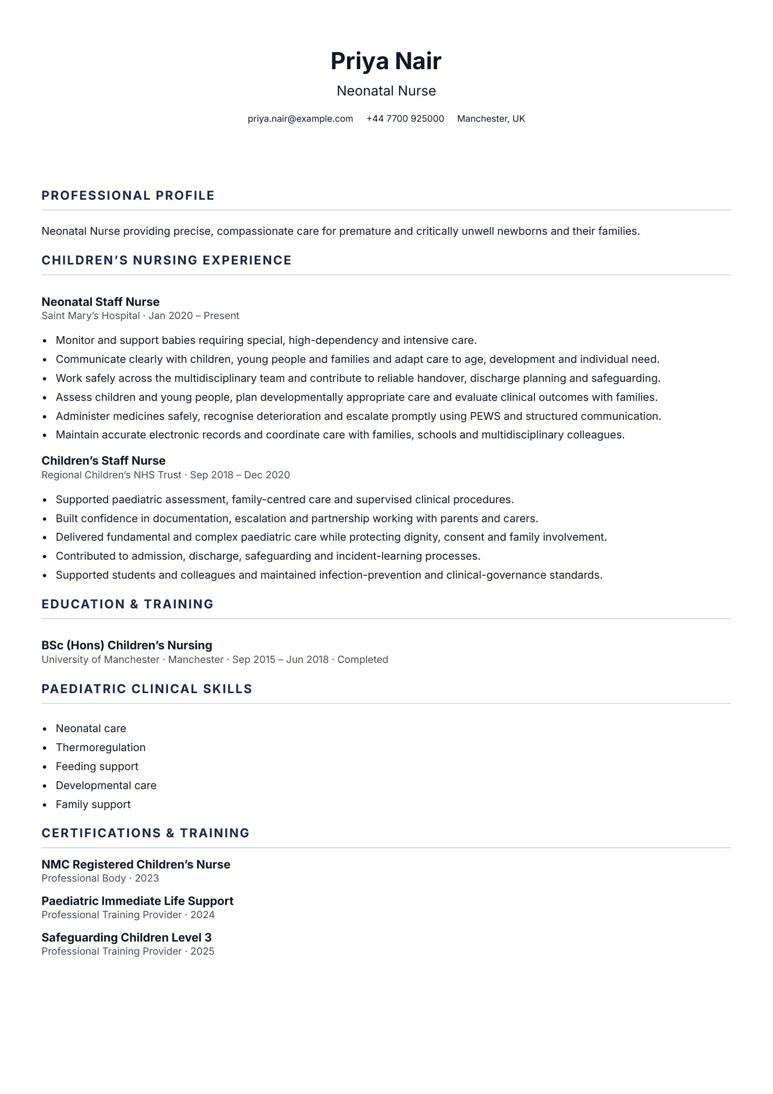 Neonatal Nurse CV template