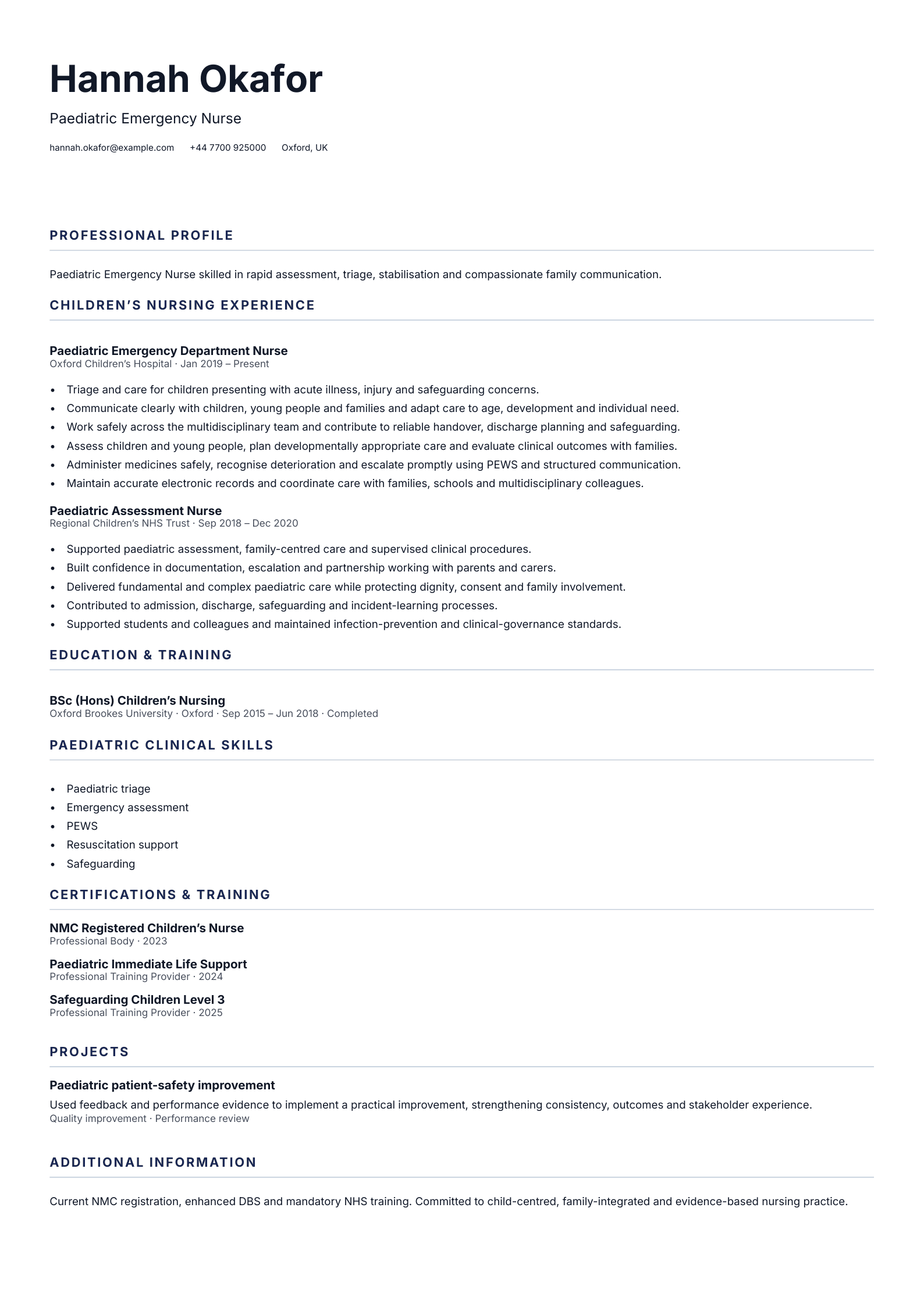 Paediatric Emergency Nurse CV template