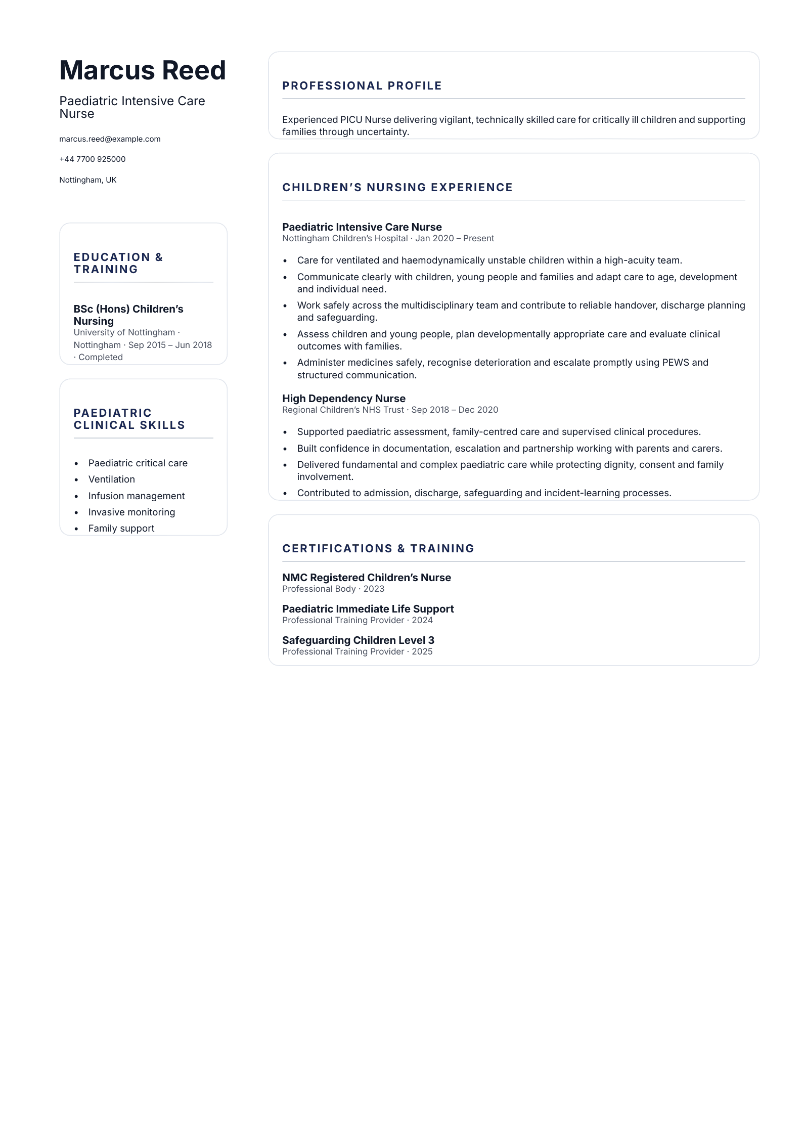Paediatric Intensive Care Nurse CV template