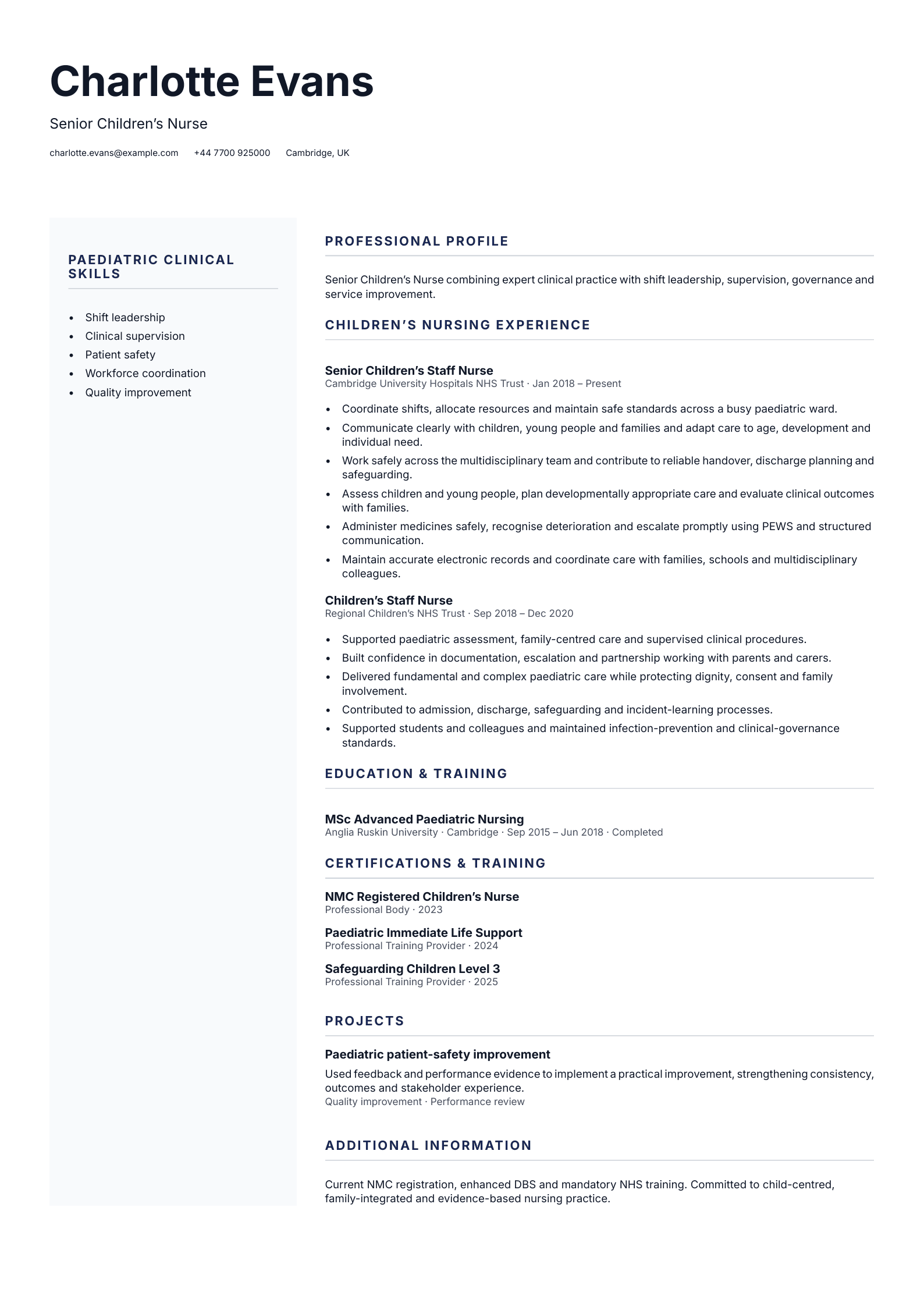 Senior Children’s Nurse CV template