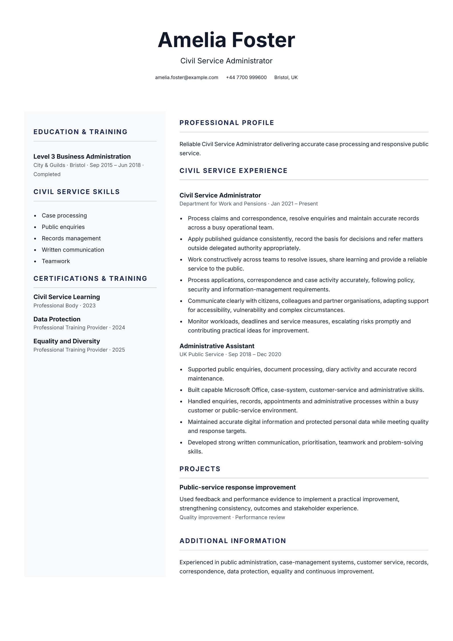 Civil Service administrator CV