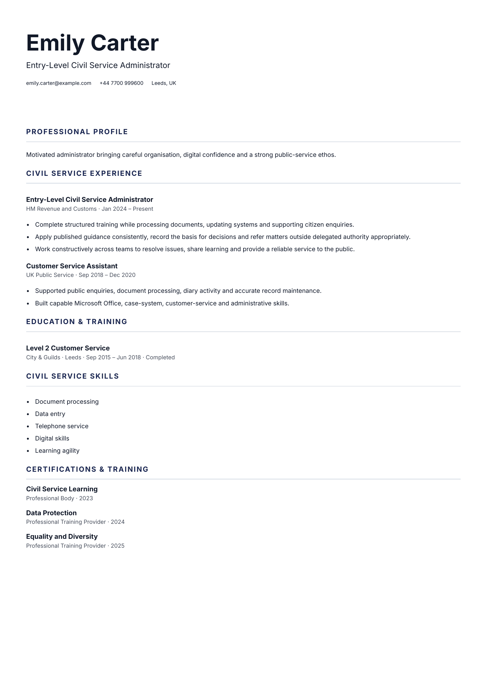 Entry-Level Civil Service Administrator CV template
