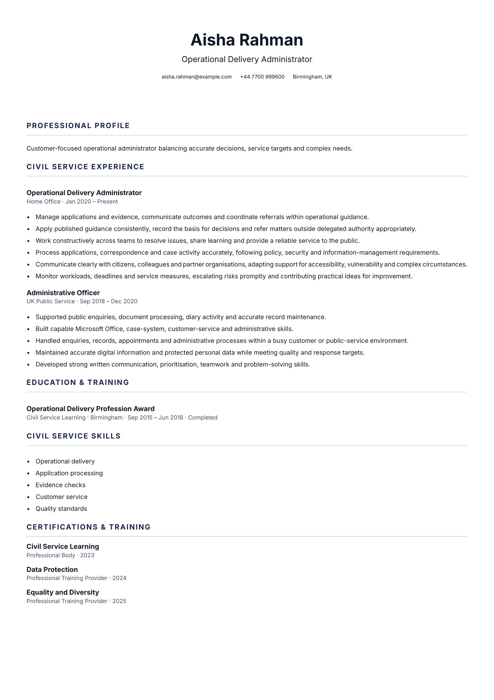 Operational Delivery Administrator CV template