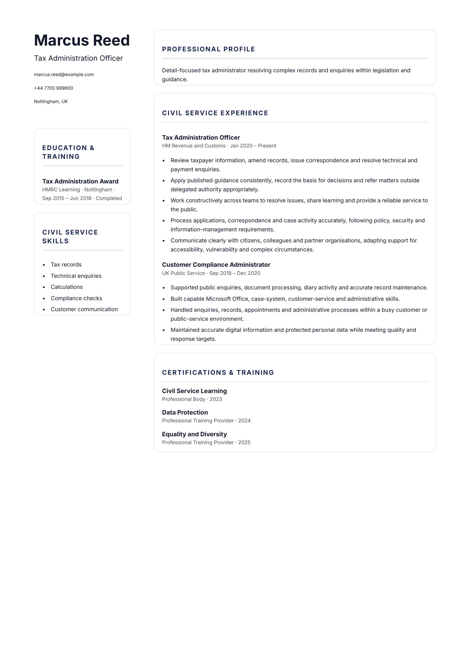 Tax Administration Officer CV template