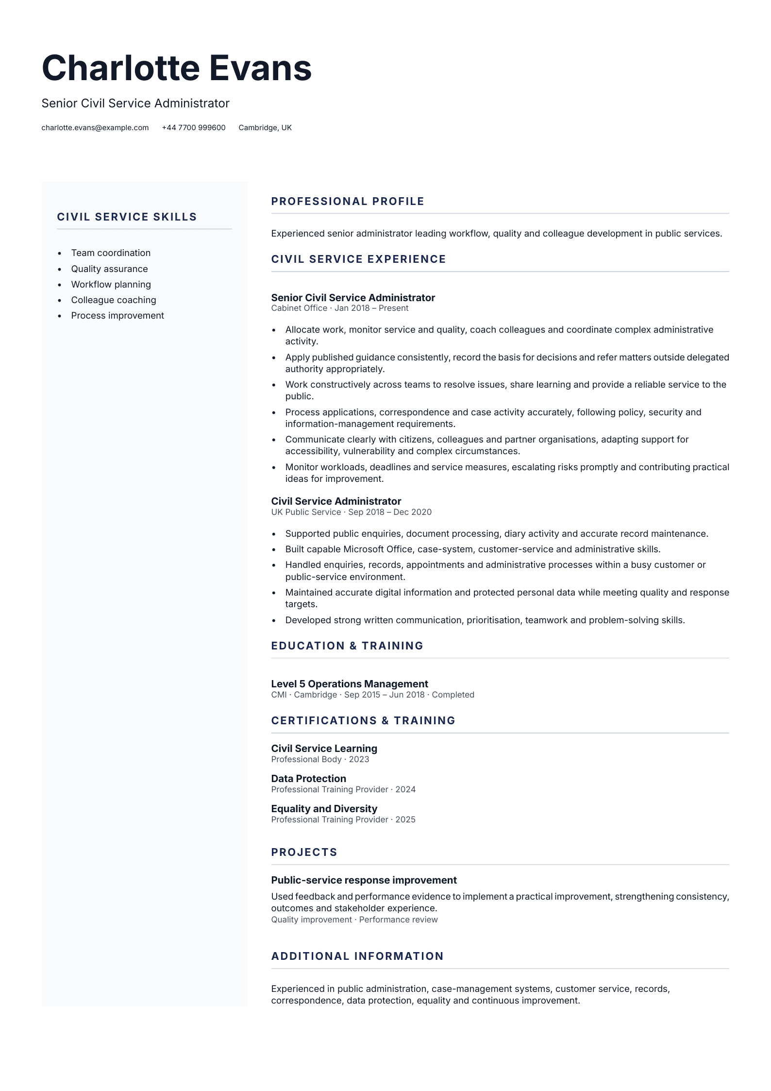 Senior Civil Service Administrator CV template
