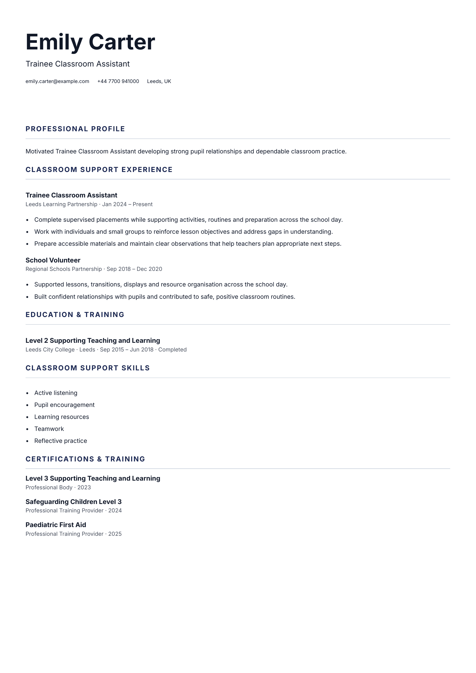 Trainee Classroom Assistant CV template