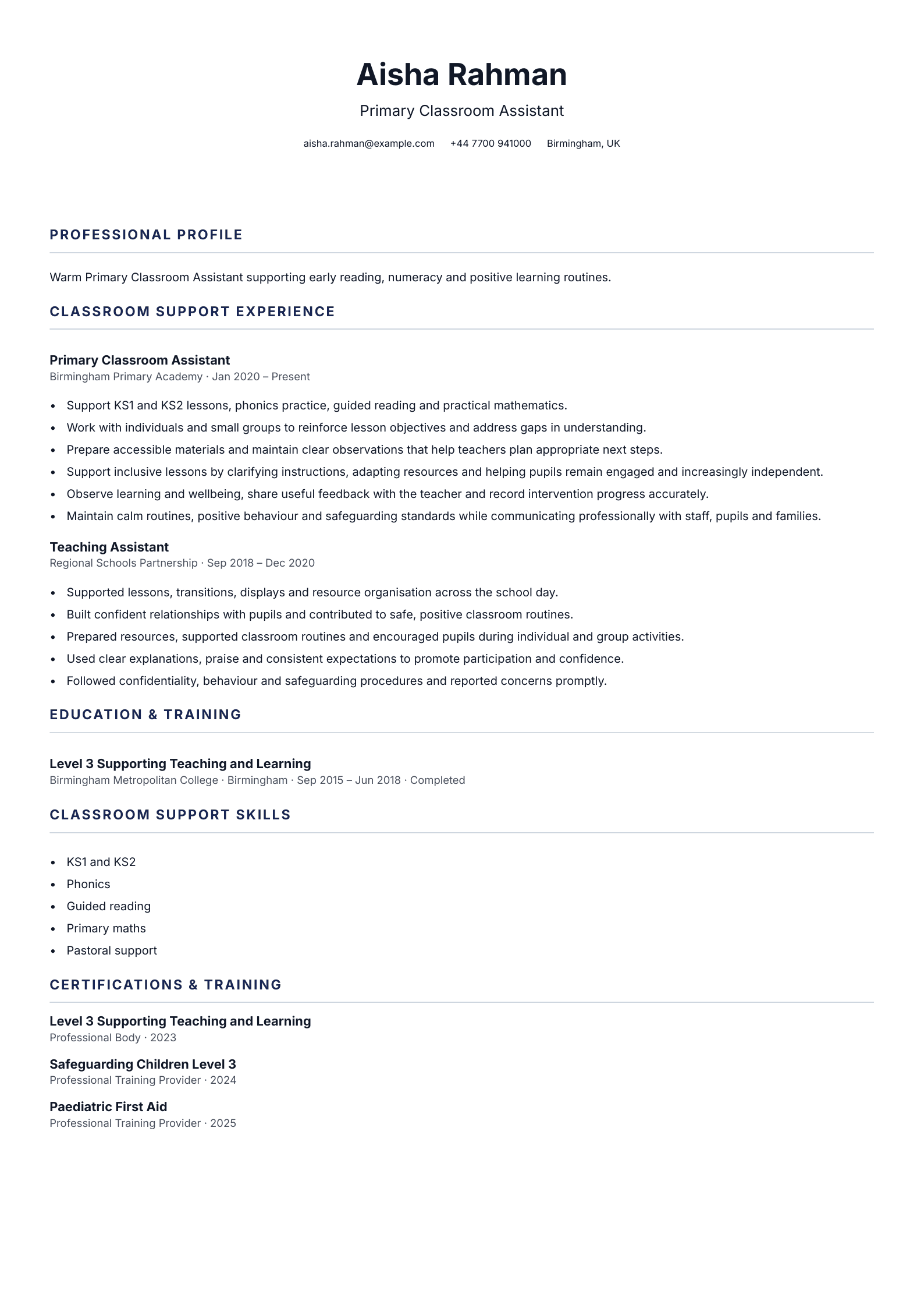 Primary Classroom Assistant CV template