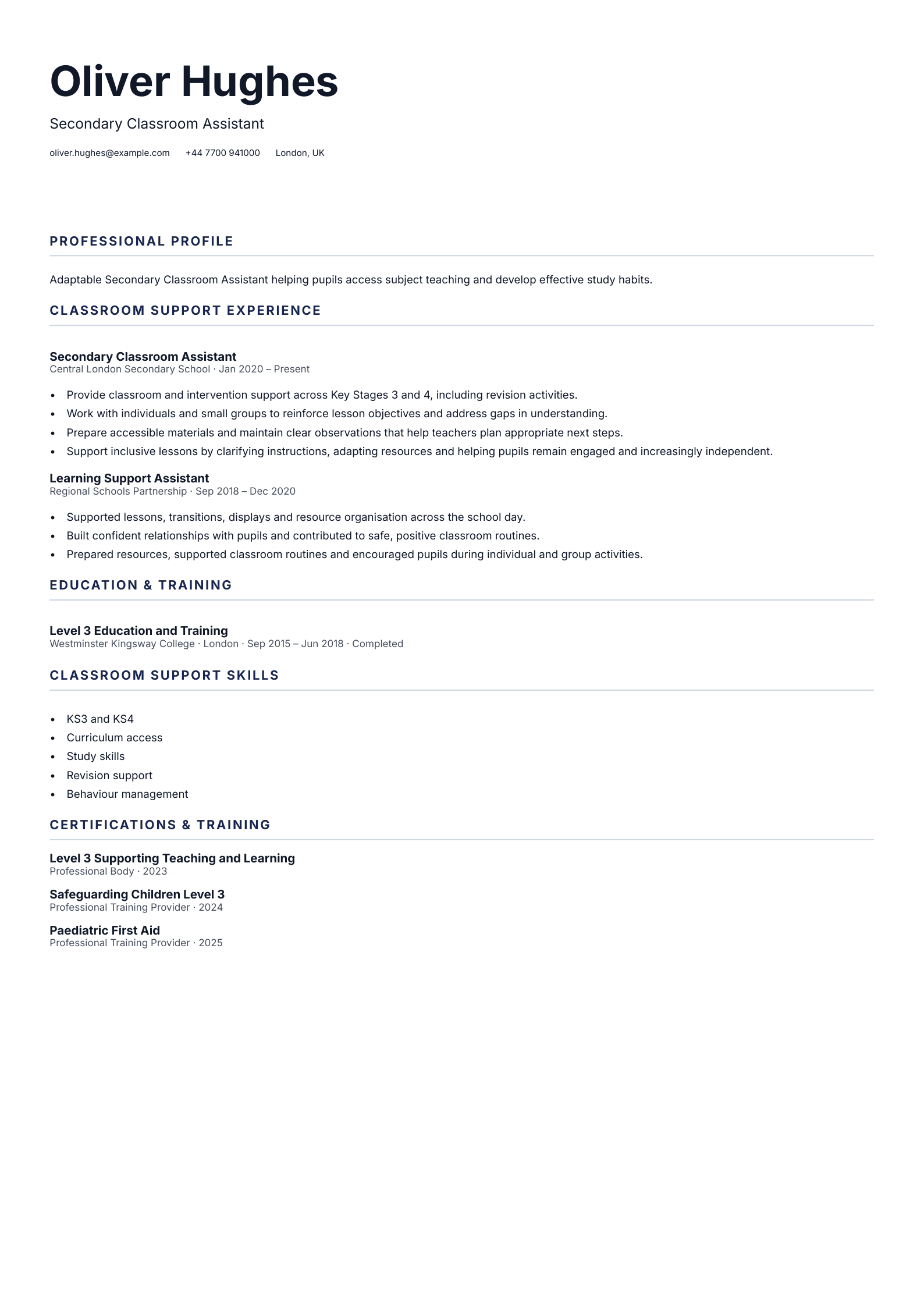 Secondary Classroom Assistant CV template
