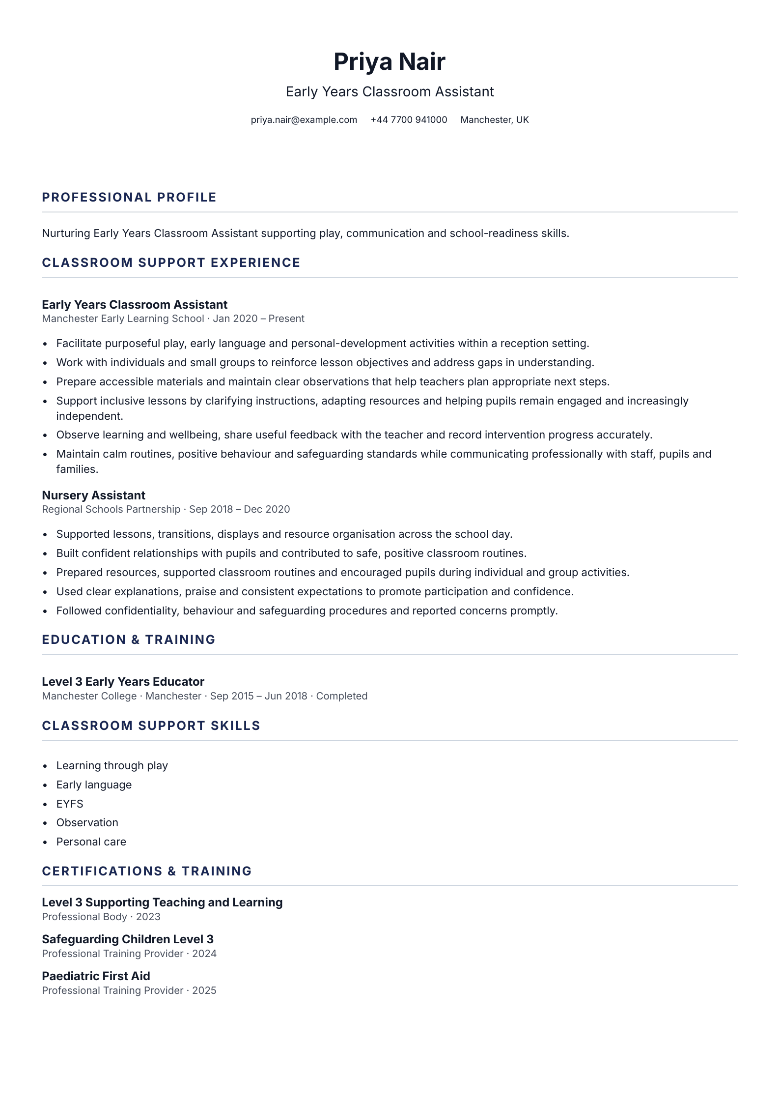 Early Years Classroom Assistant CV template