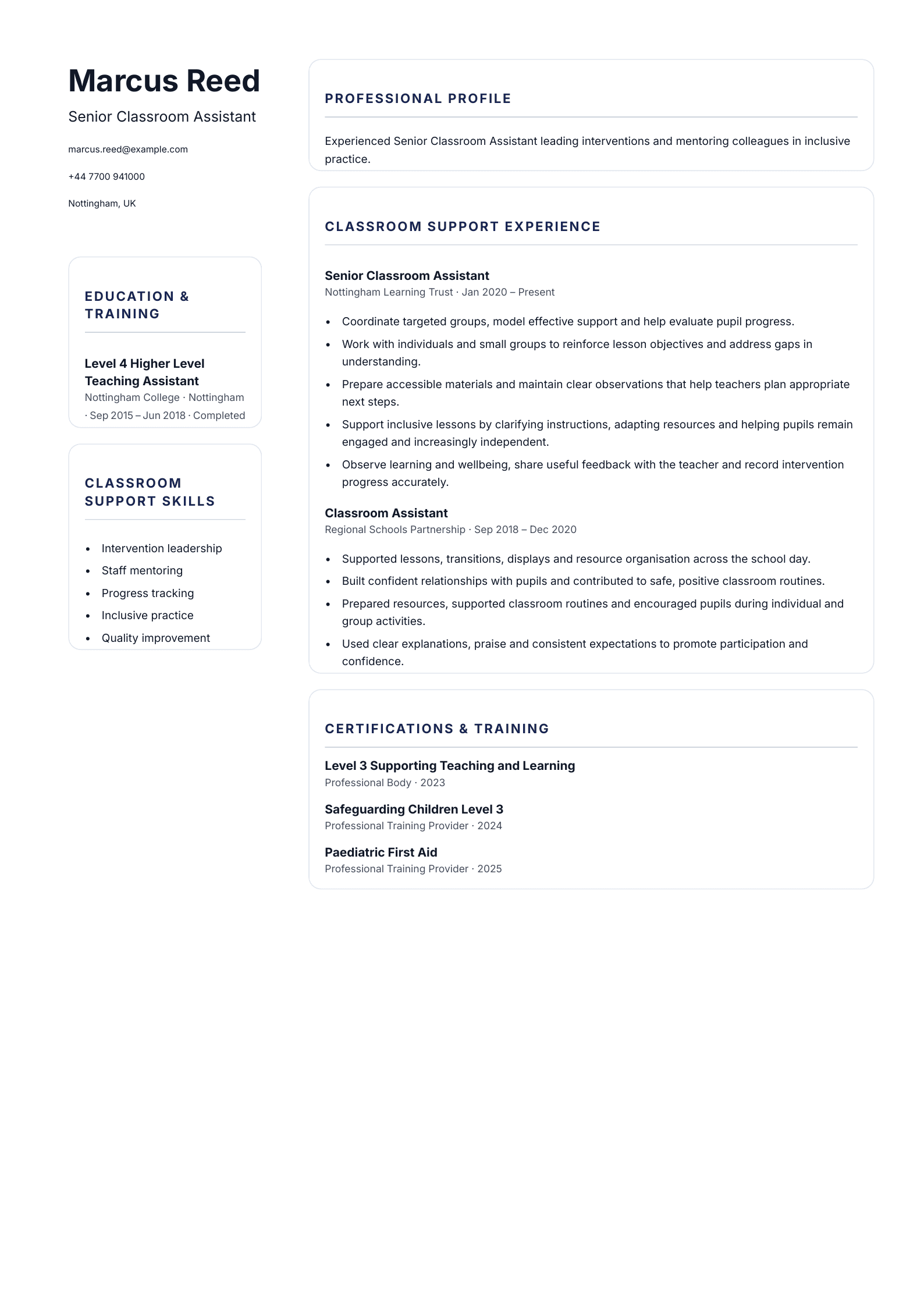 Senior Classroom Assistant CV template