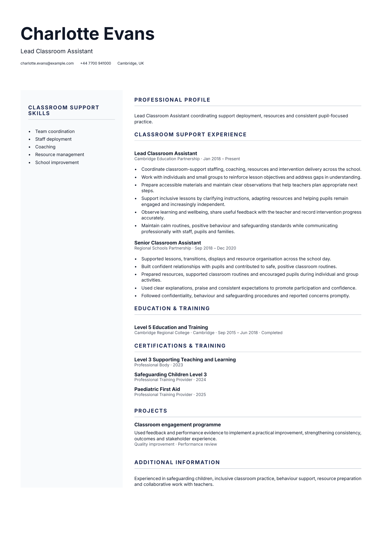Lead Classroom Assistant CV template