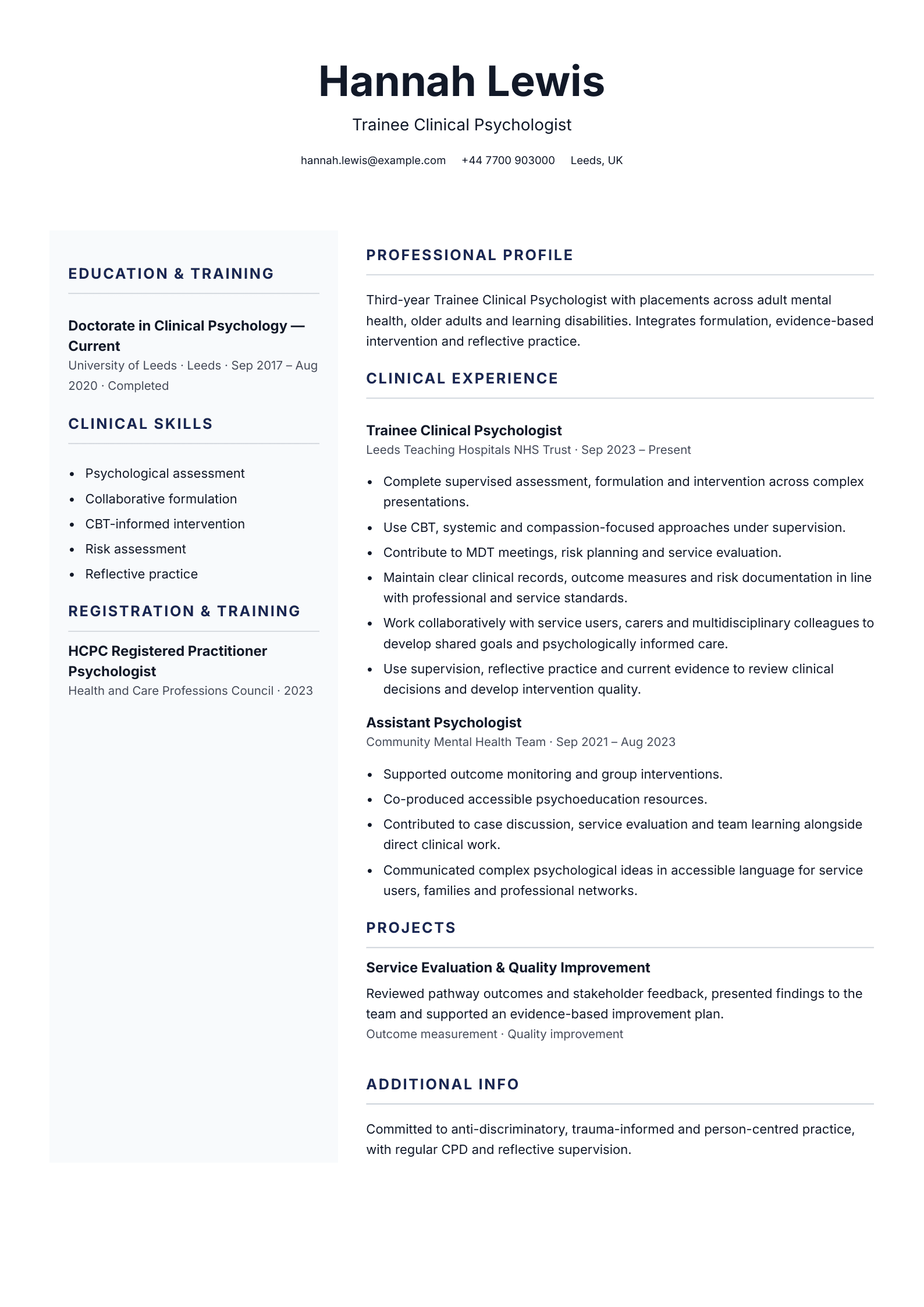 Trainee Clinical Psychologist CV template