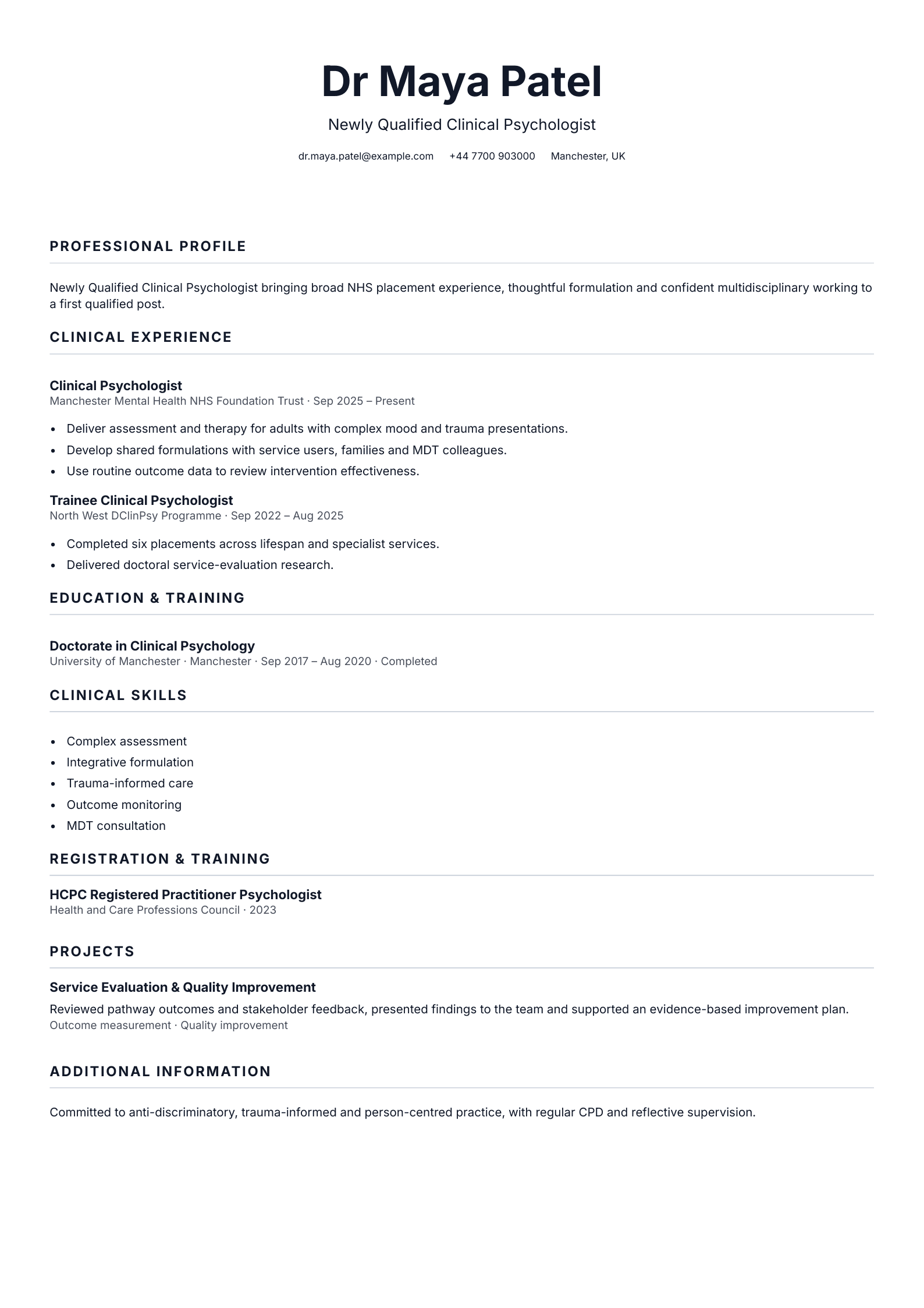Newly Qualified Clinical Psychologist CV template