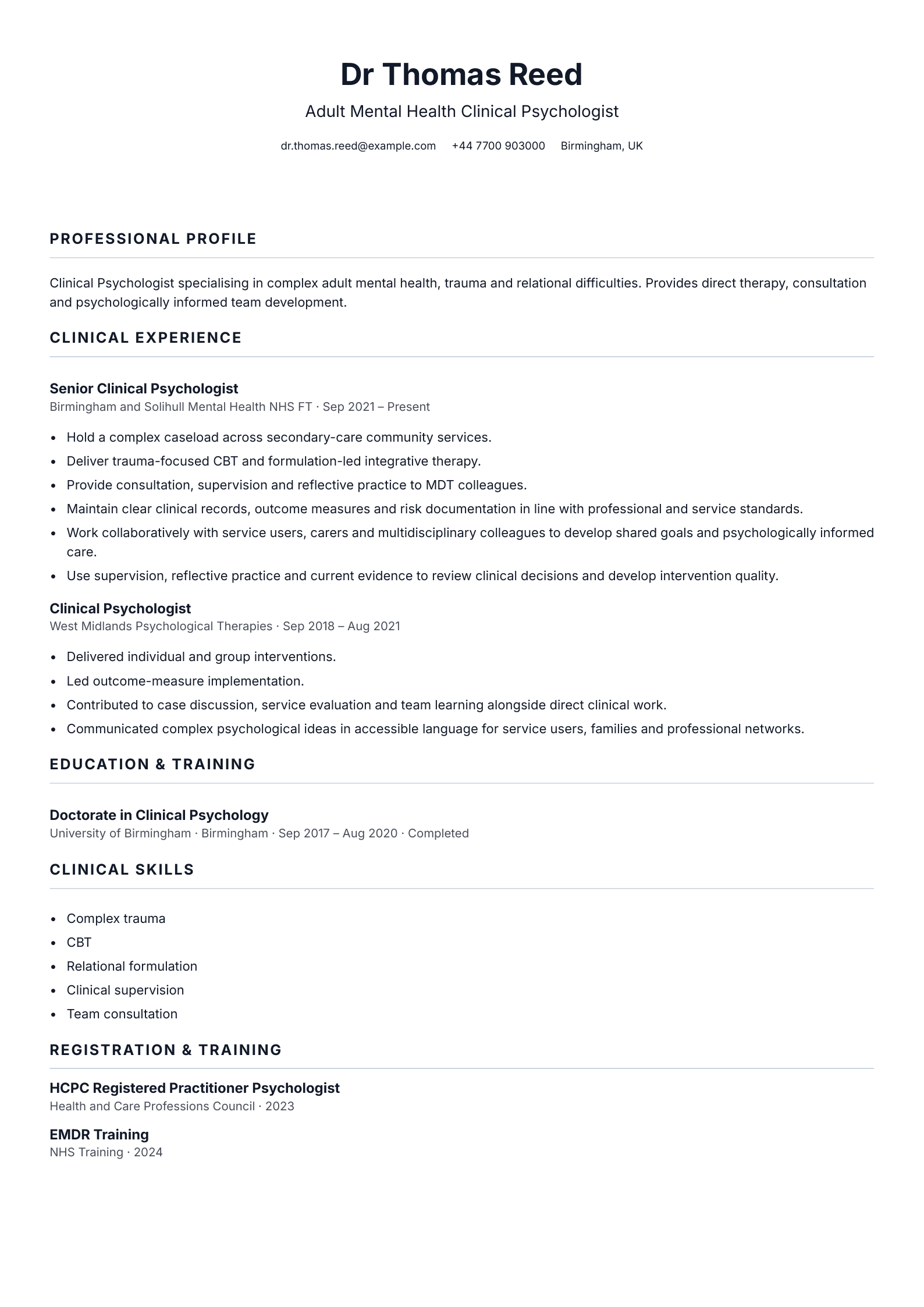Clinical psychologist CV