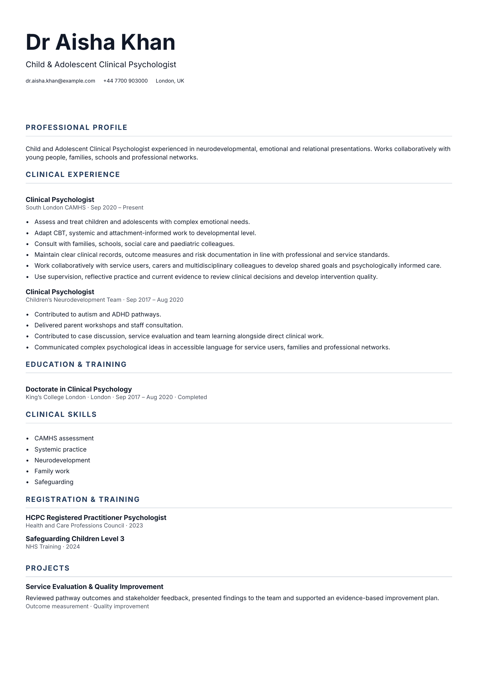 Child & Adolescent Psychologist CV template