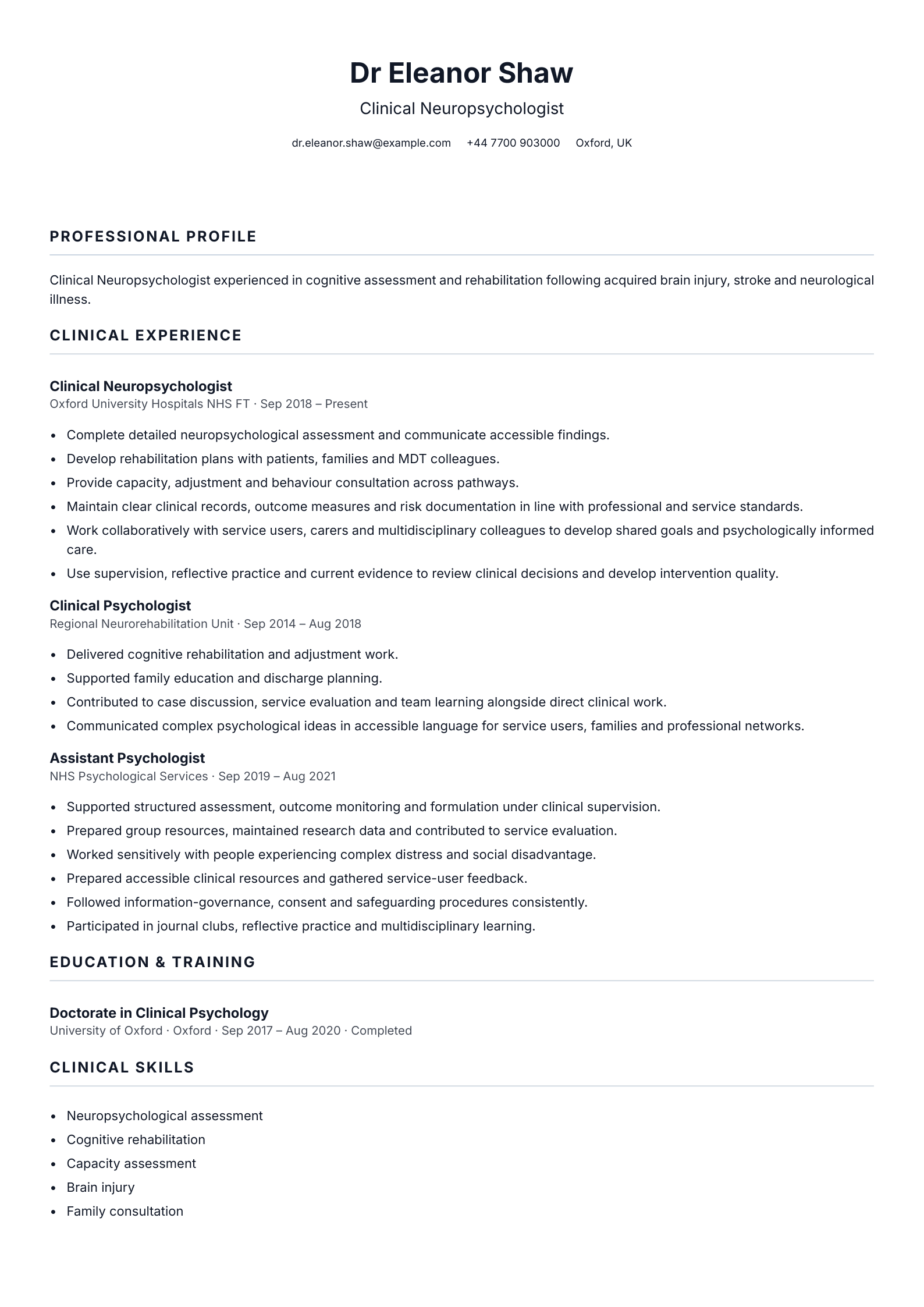 Clinical Neuropsychologist CV template