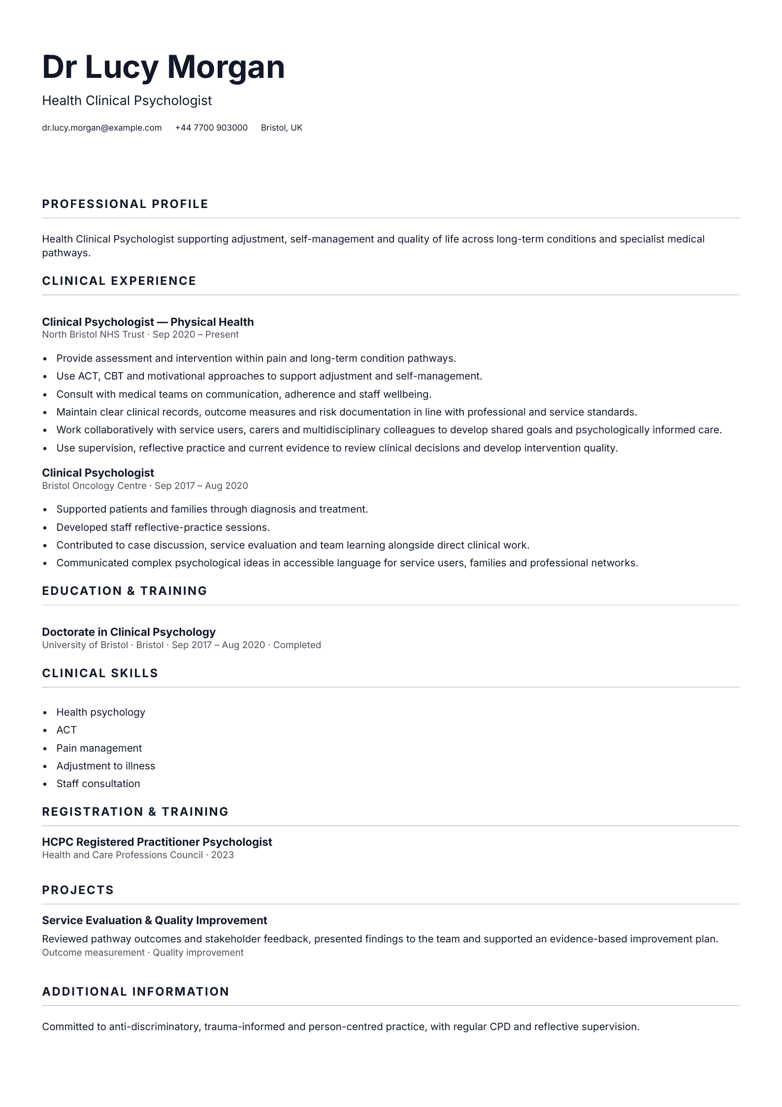 Health Clinical Psychologist CV template