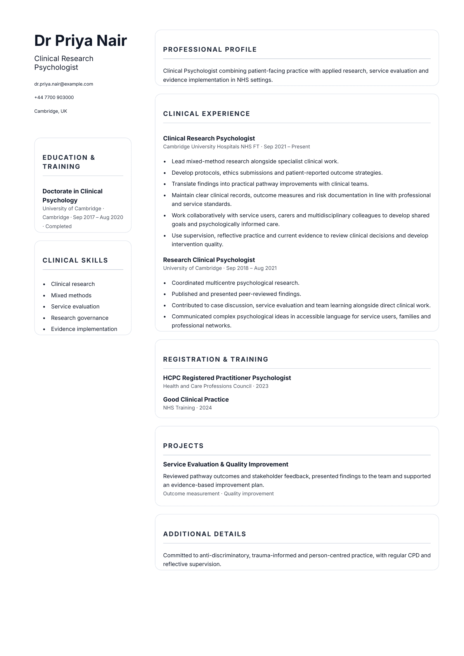 Clinical Research Psychologist CV template
