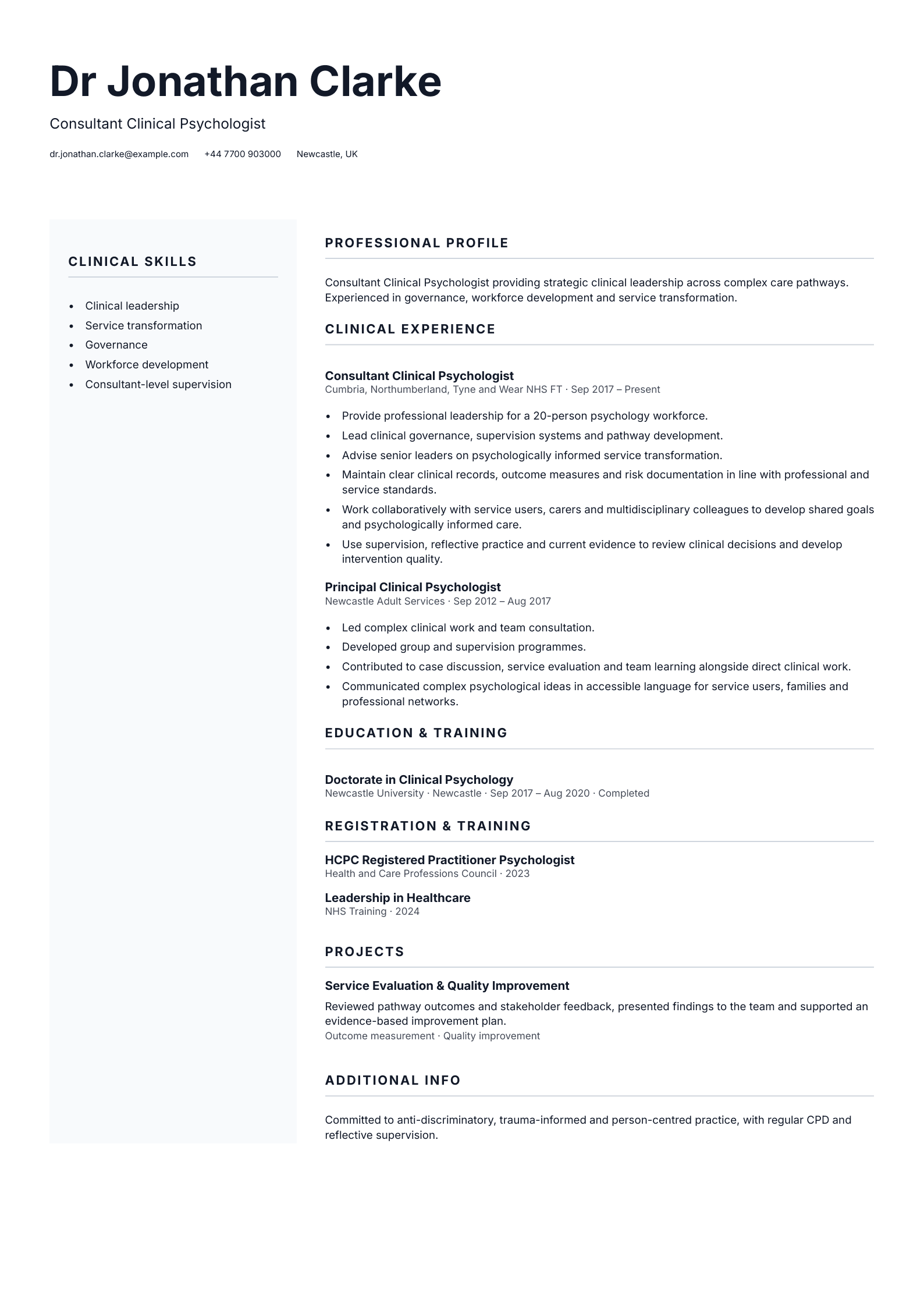 Consultant Clinical Psychologist CV template